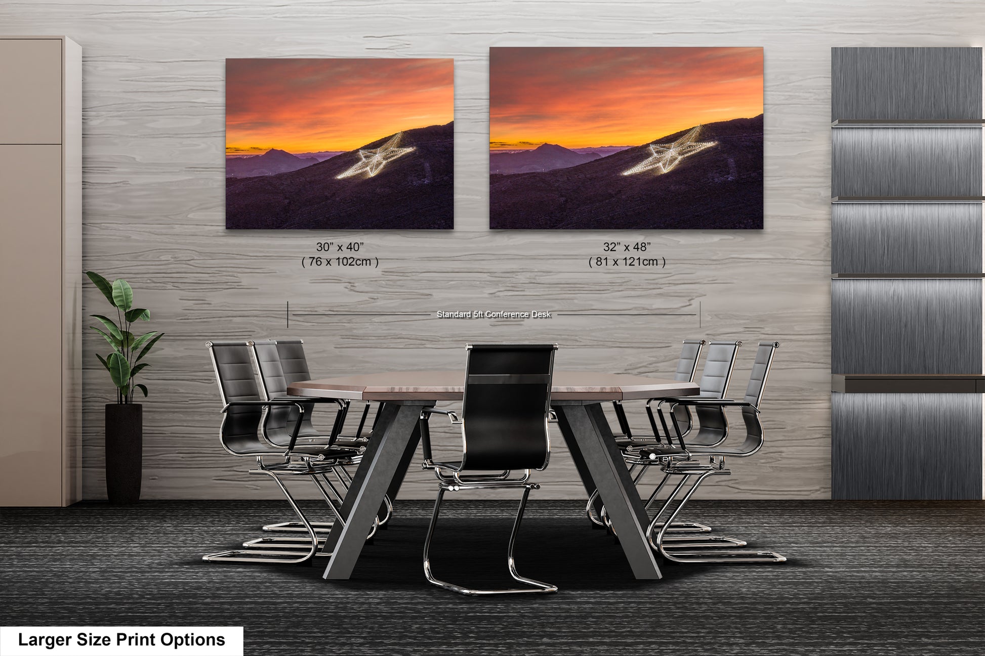 a dining room table with chairs and two pictures on the wall