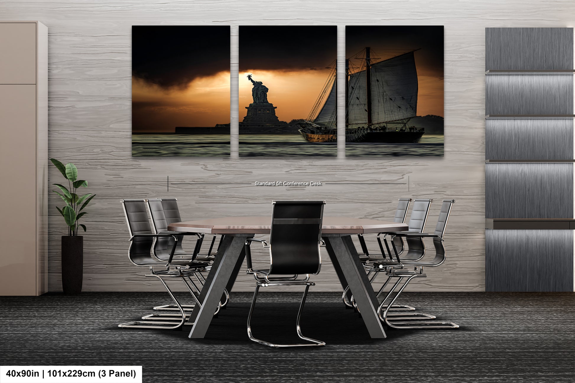 a dining room table with chairs and a statue of liberty in the background
