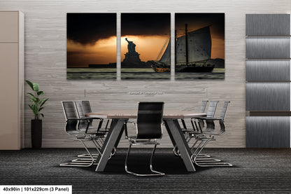a dining room table with chairs and a statue of liberty in the background