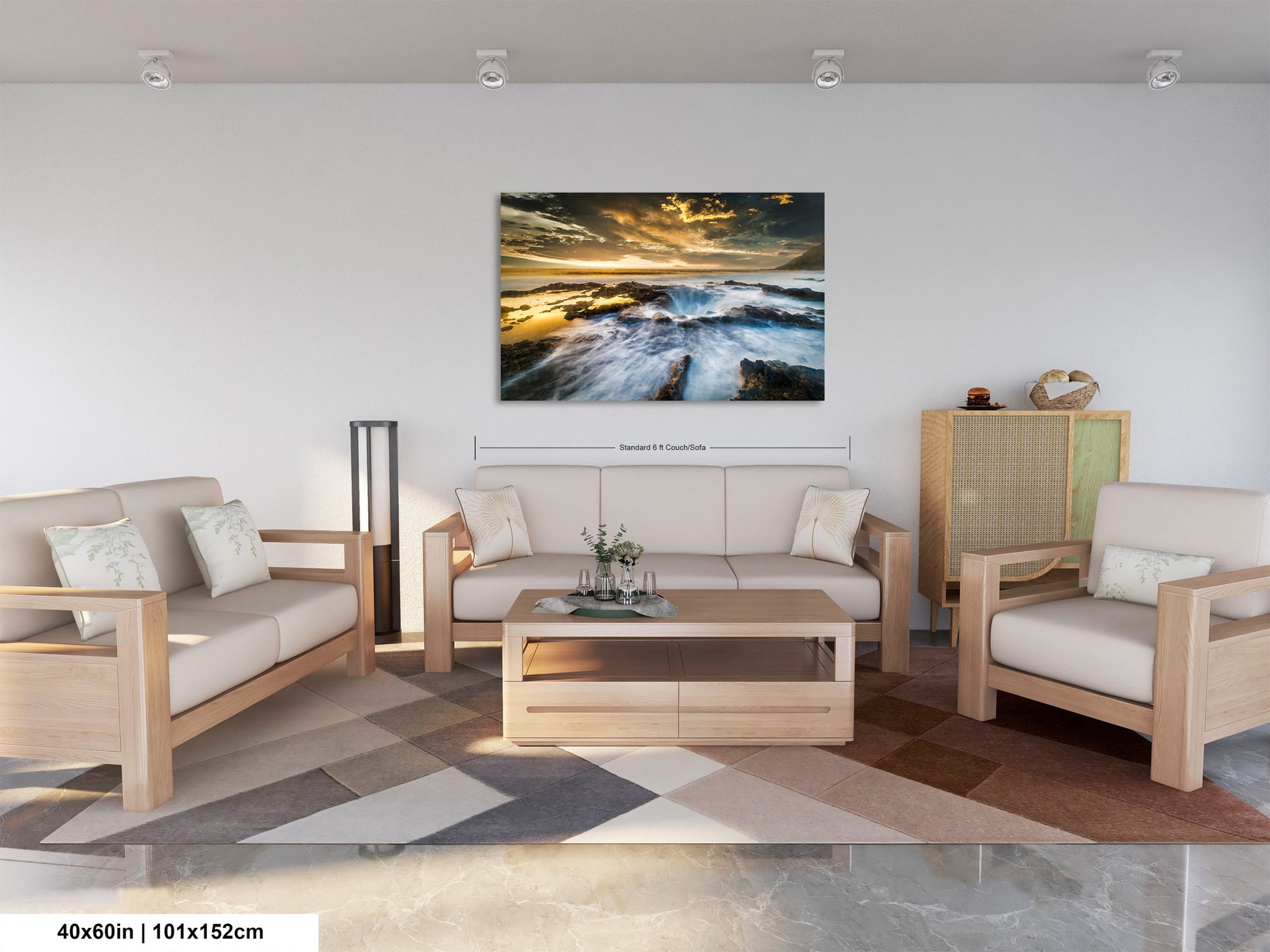 a living room filled with furniture and a painting on the wall
