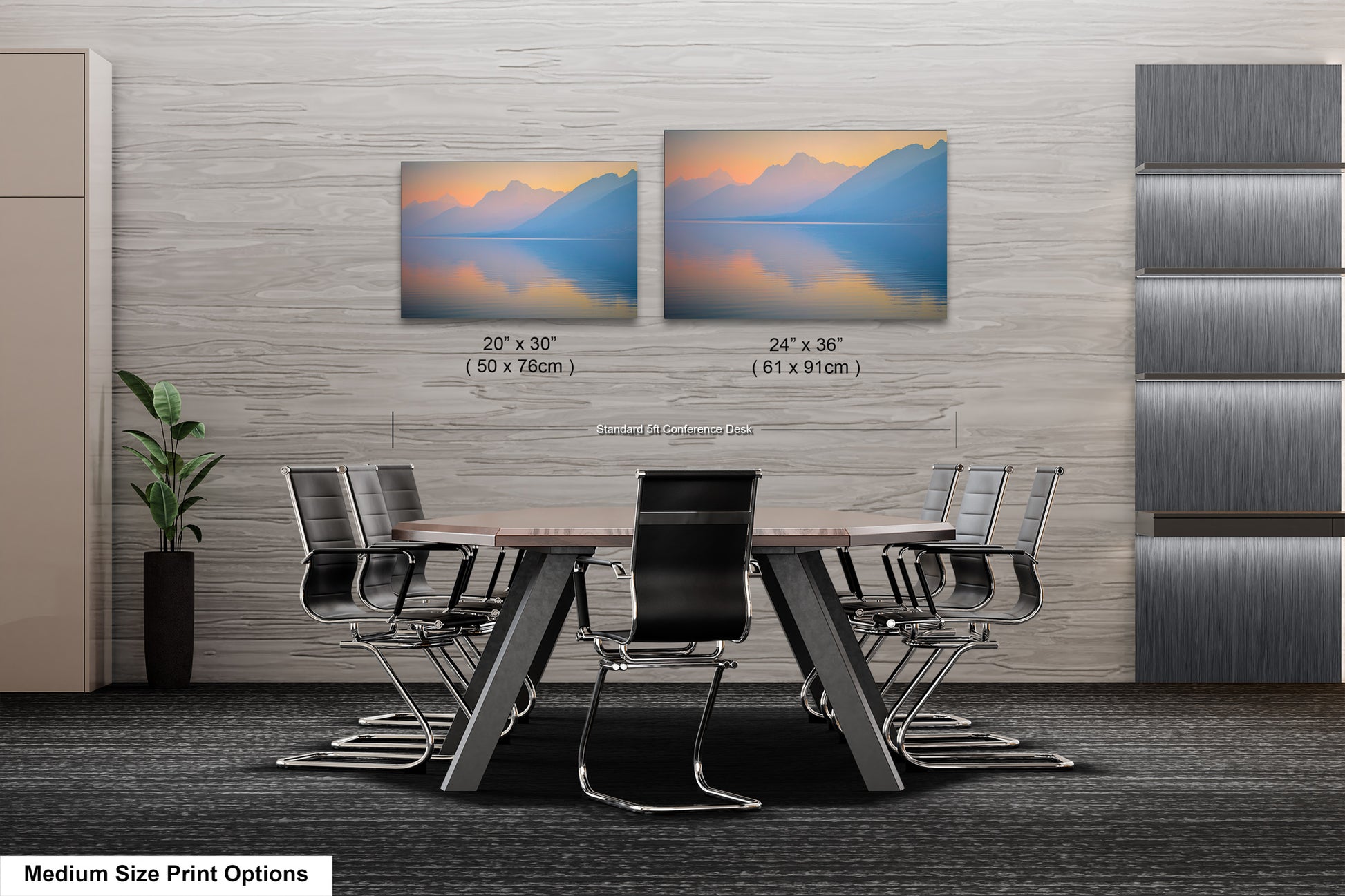 a dining room table with chairs and a picture of mountains on the wall