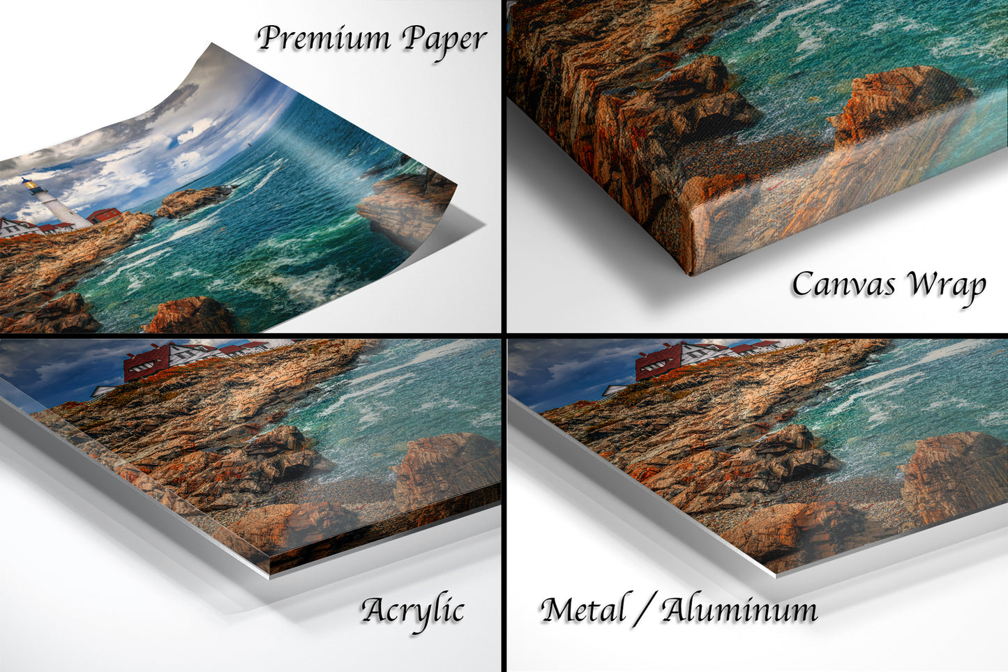 a series of four images showing different views of the ocean