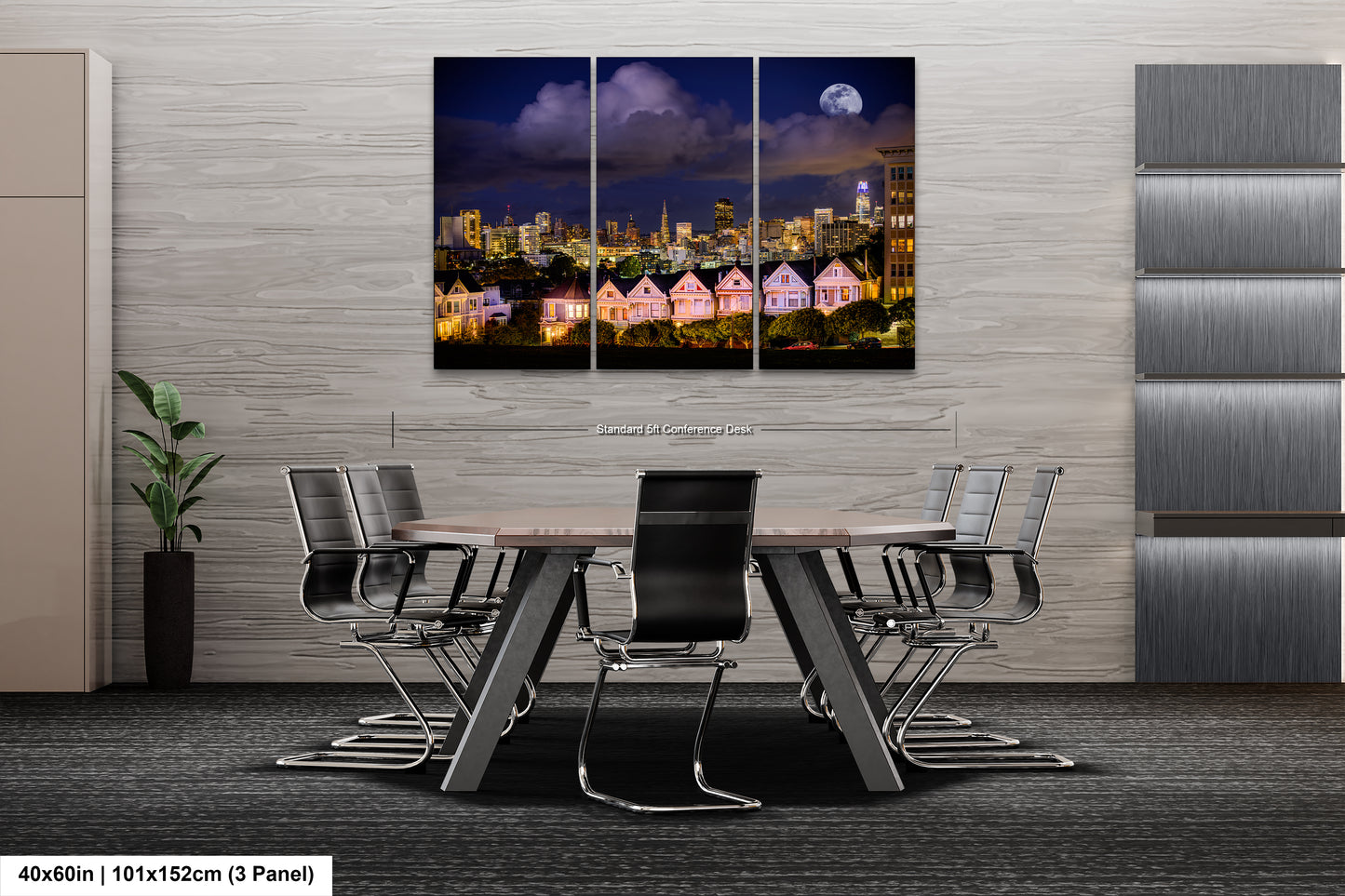 a dining room table with a view of a city at night