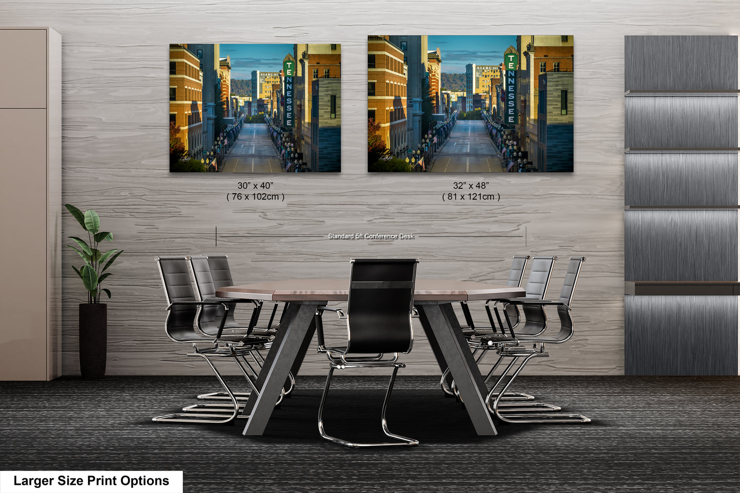 a dining room table with chairs and a picture of a city