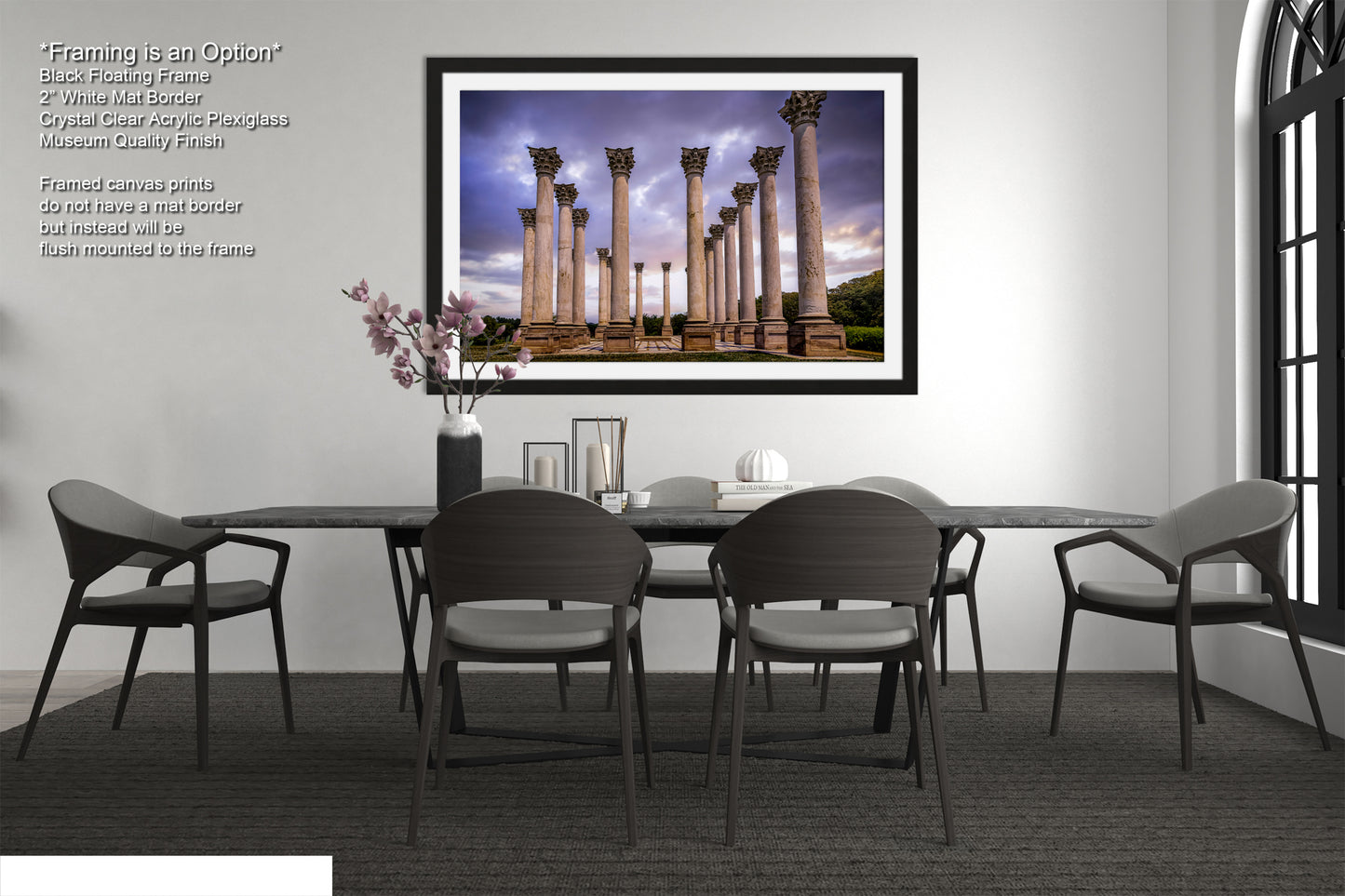 a dining room with a table and four chairs