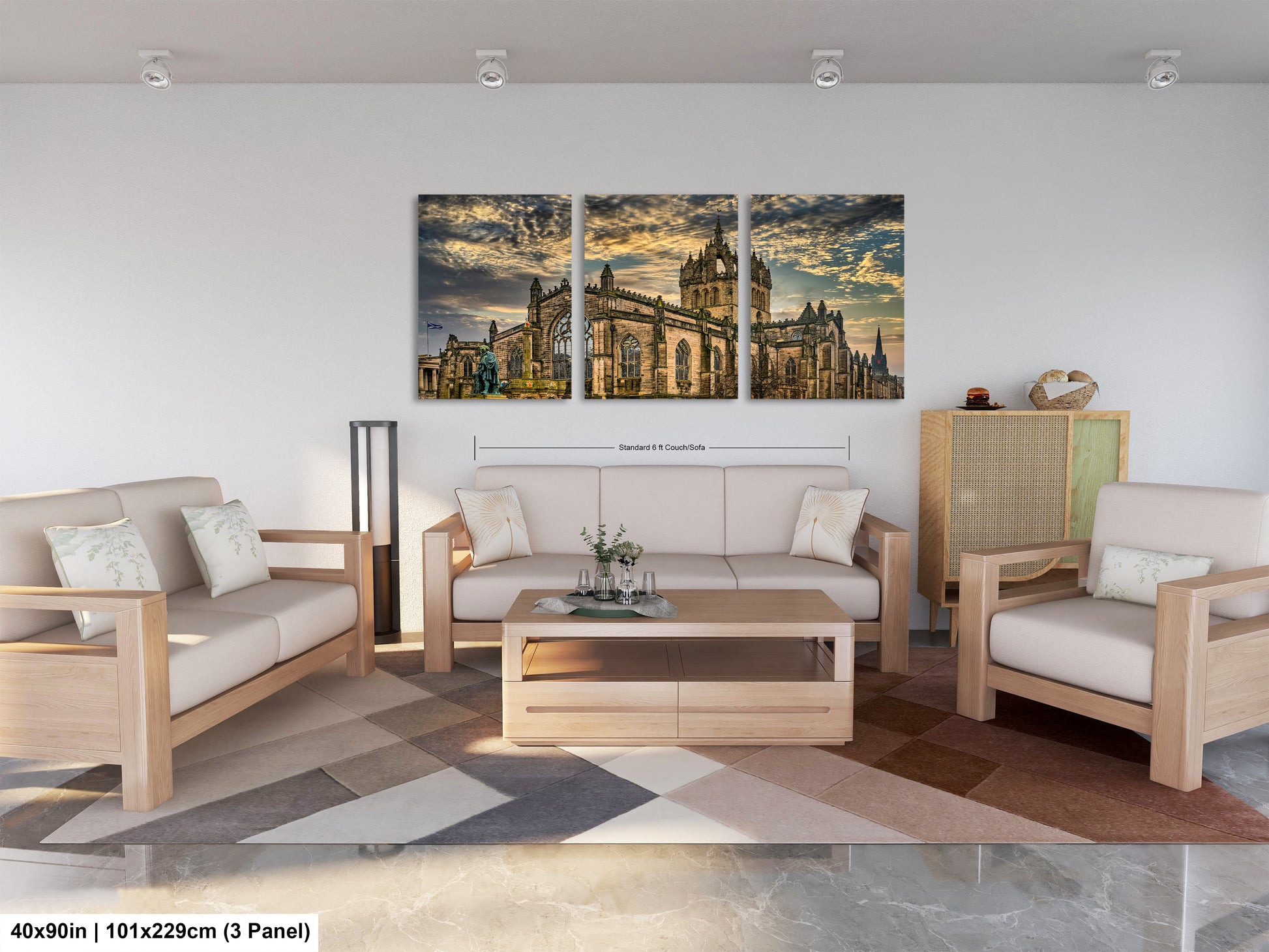 a living room filled with furniture and a painting on the wall