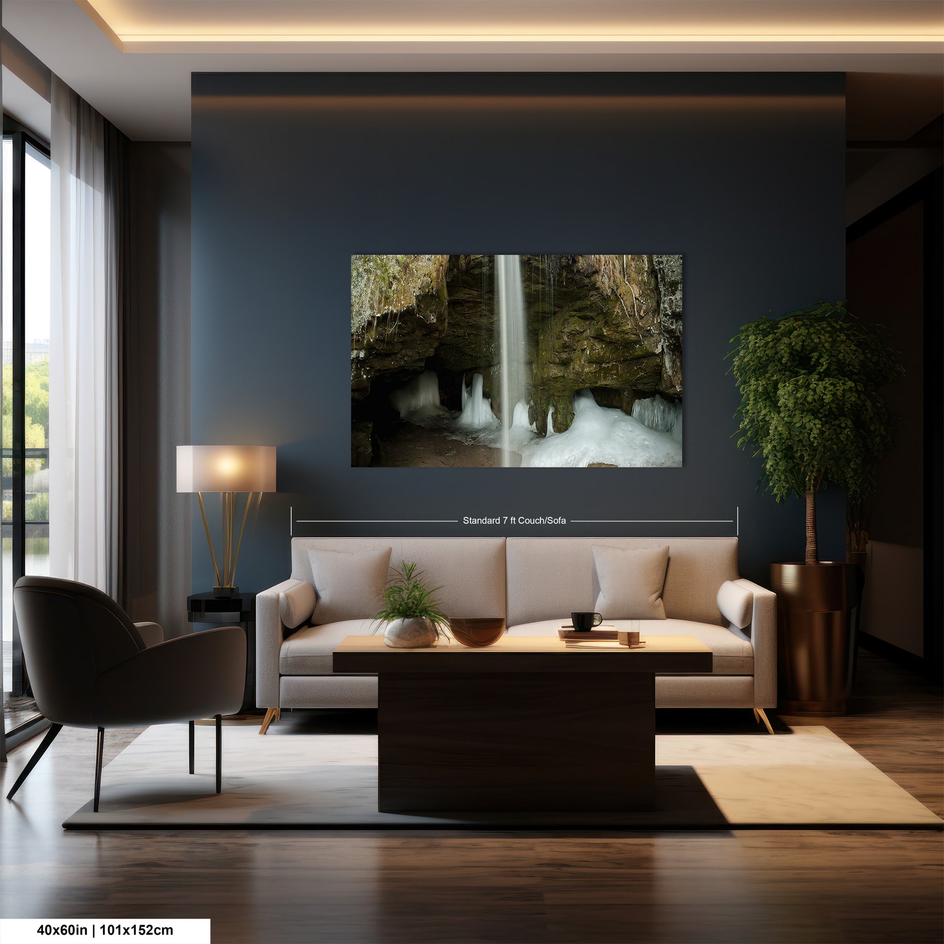 a living room filled with furniture and a painting on the wall