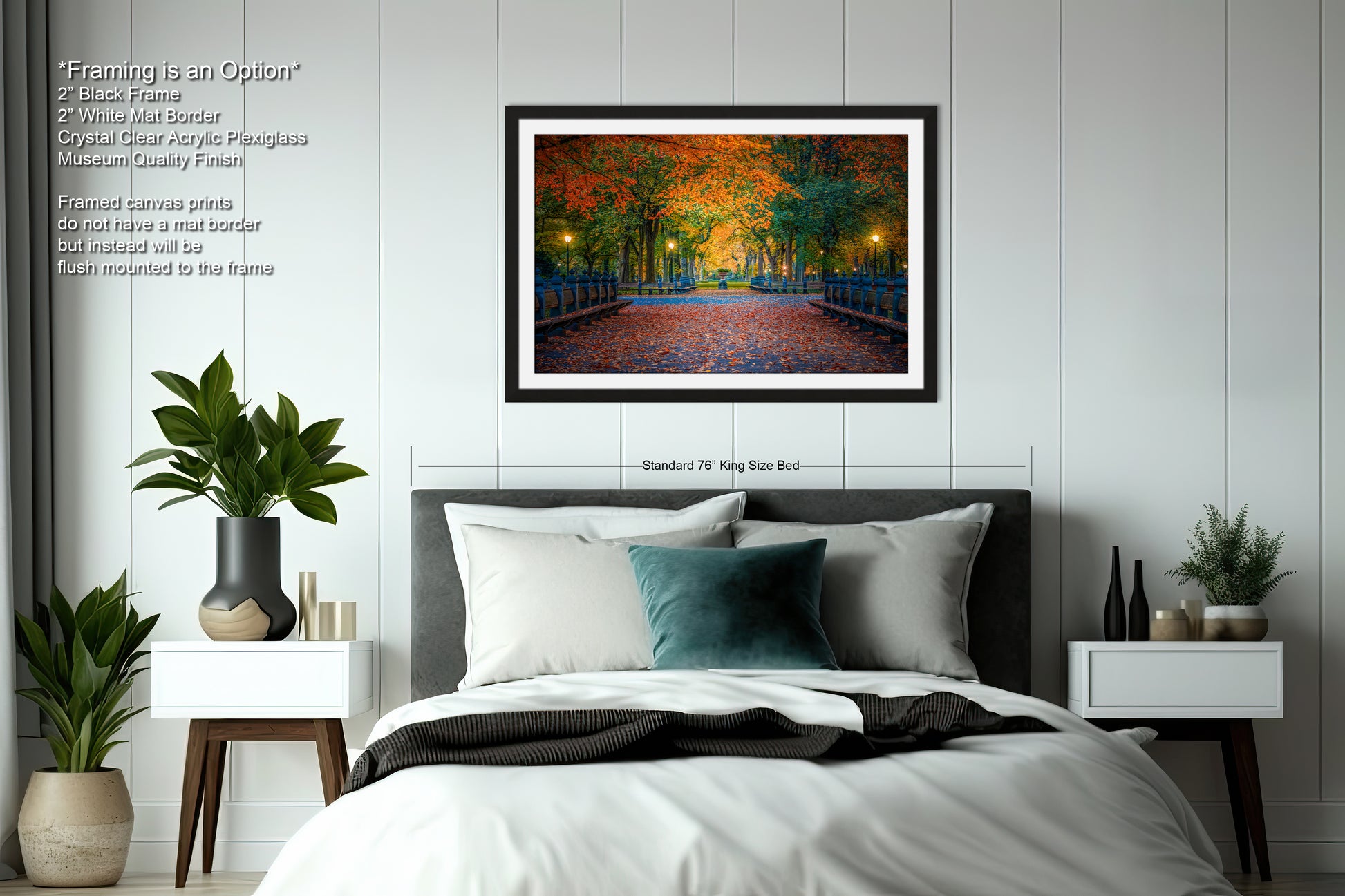 a bedroom with a large bed and a painting on the wall