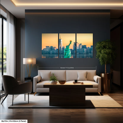 a living room filled with furniture and a painting of the statue of liberty