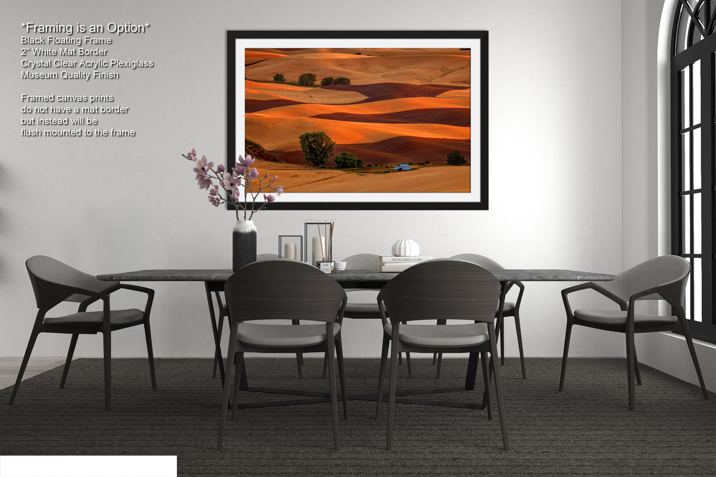 a picture of a dining room with a table and chairs