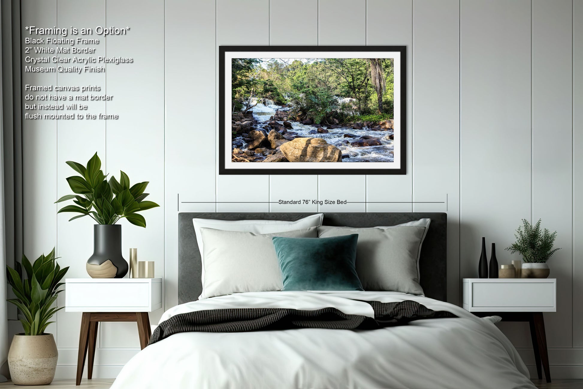 a bedroom with a bed and a picture on the wall