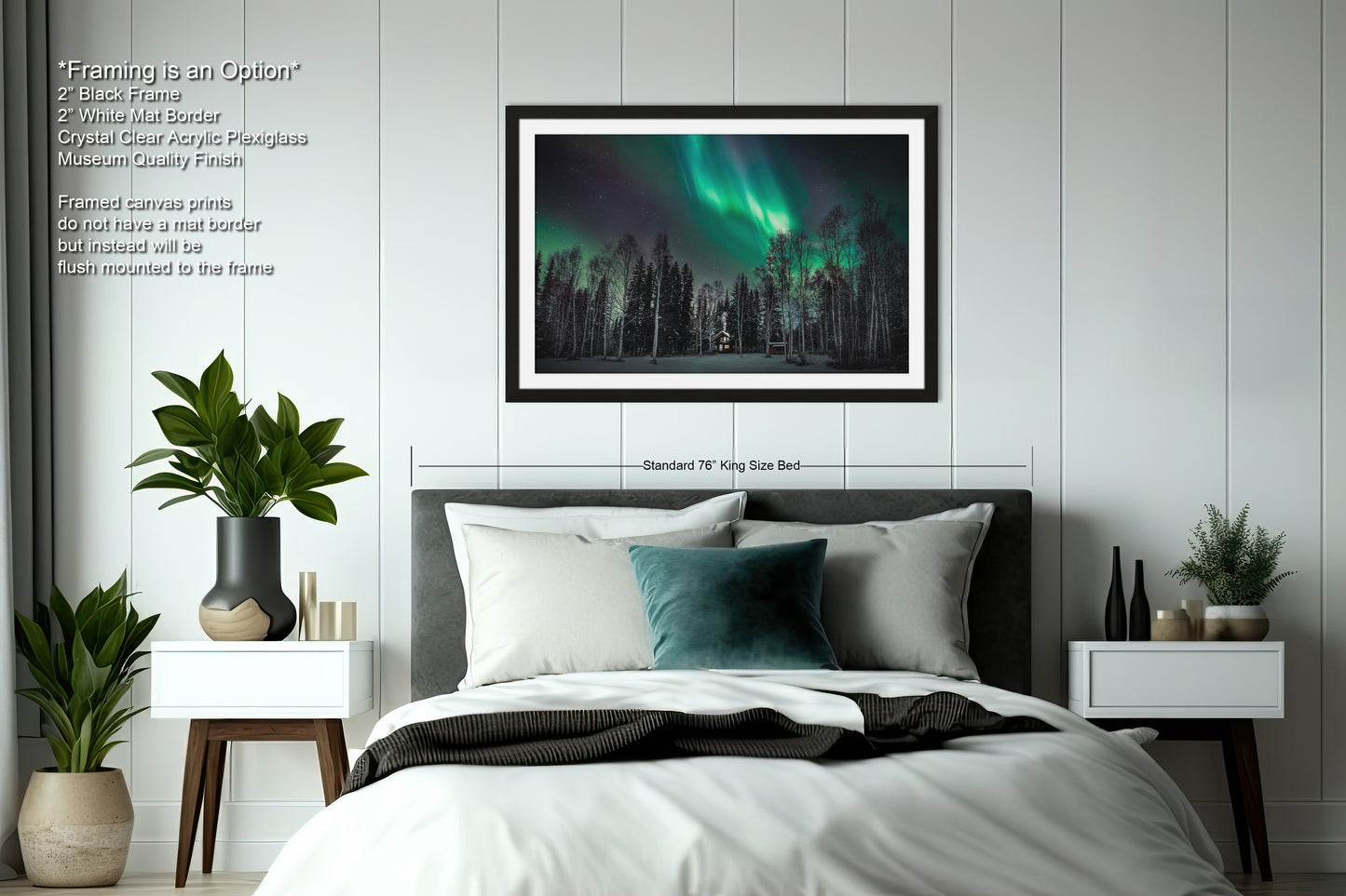 a bedroom with a large bed and a green aurora bore picture on the wall