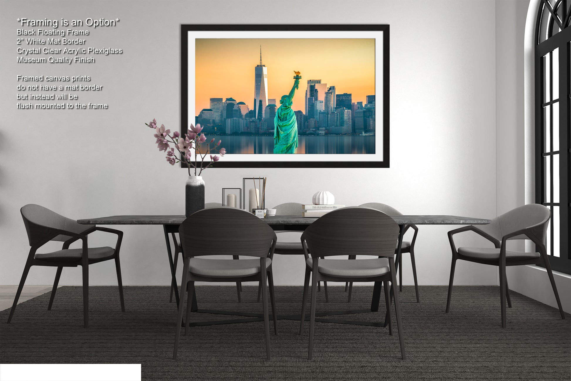 a dining room with a picture of the statue of liberty