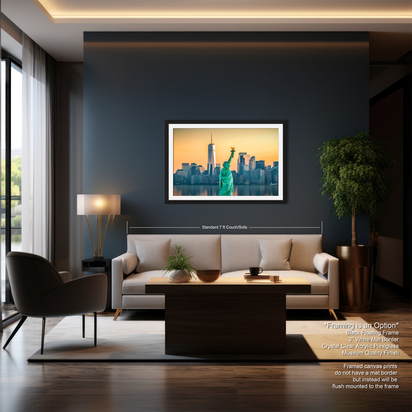a living room with a couch, chair, table and a painting on the wall