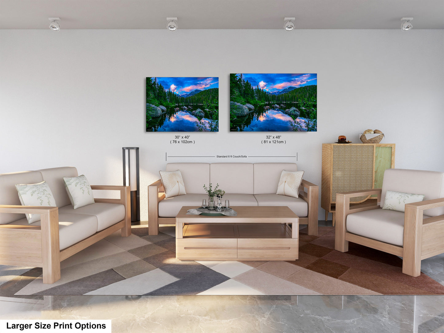 a living room filled with furniture and a painting on the wall