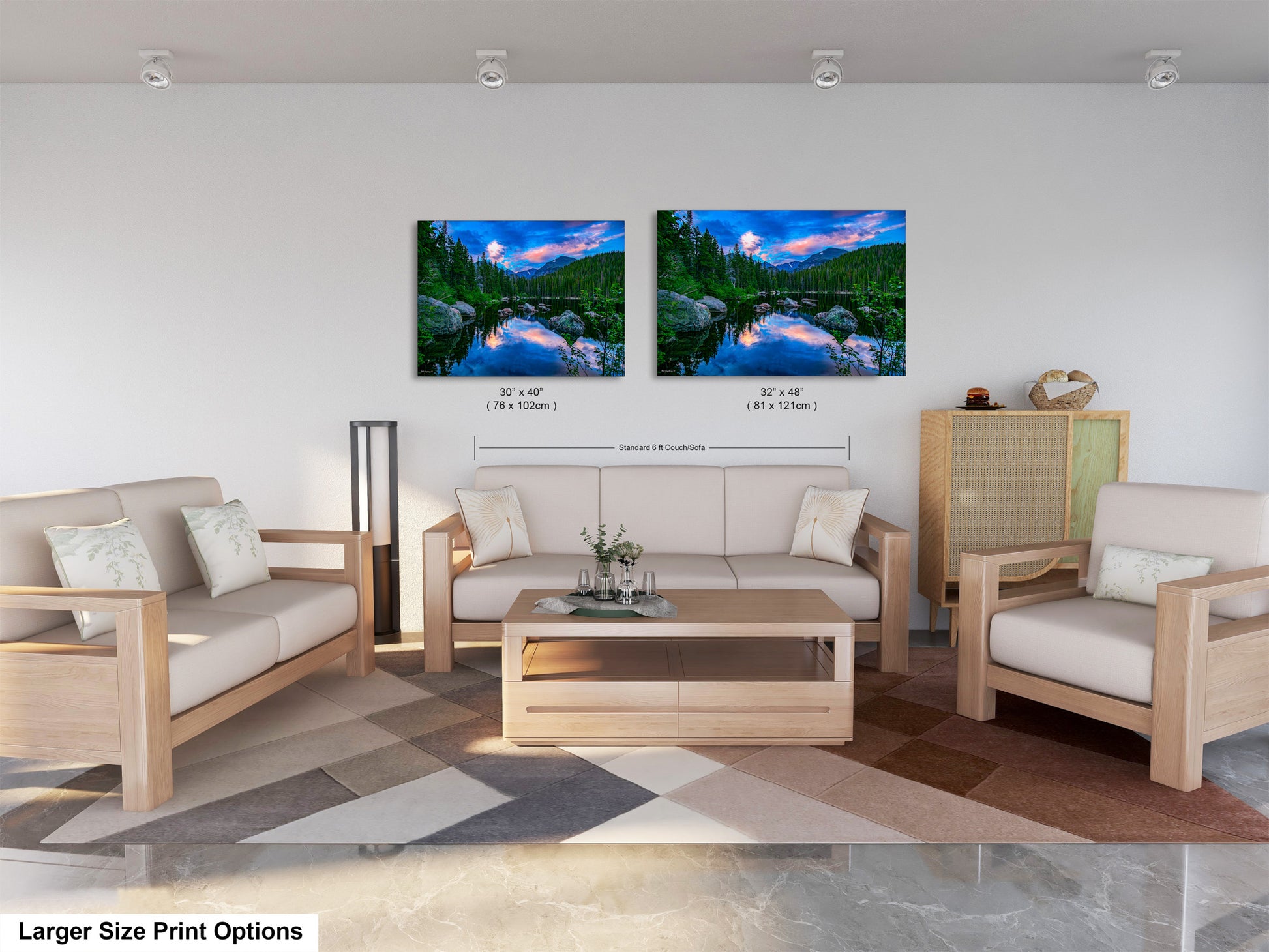 a living room filled with furniture and a painting on the wall