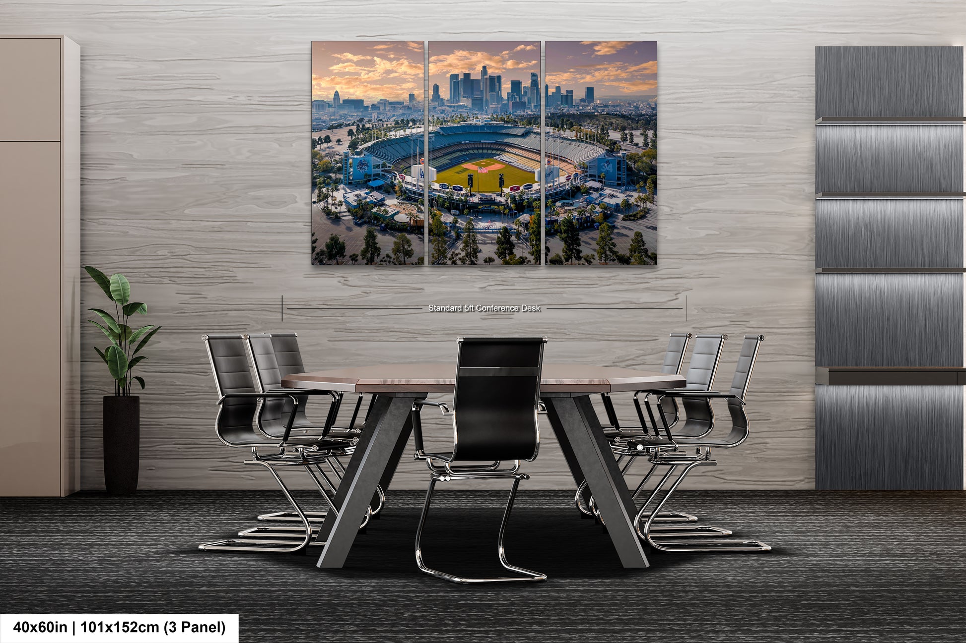 a dining room table with chairs and a painting of a baseball stadium