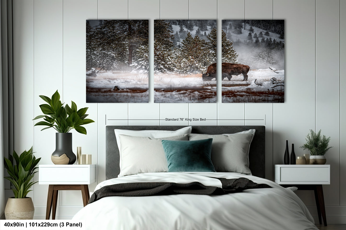 a bedroom with a bed and two paintings on the wall