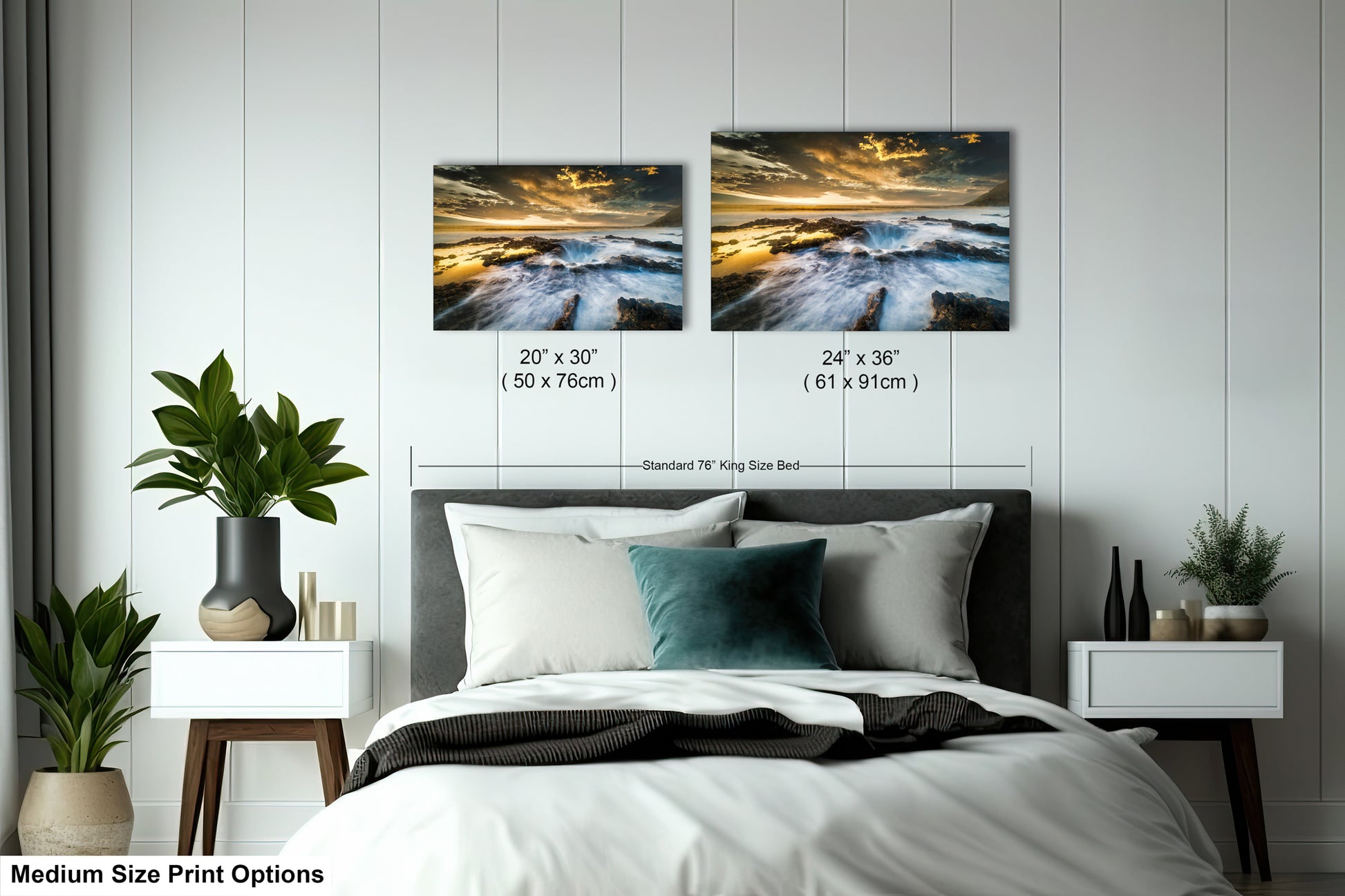a bedroom with a bed and two pictures on the wall