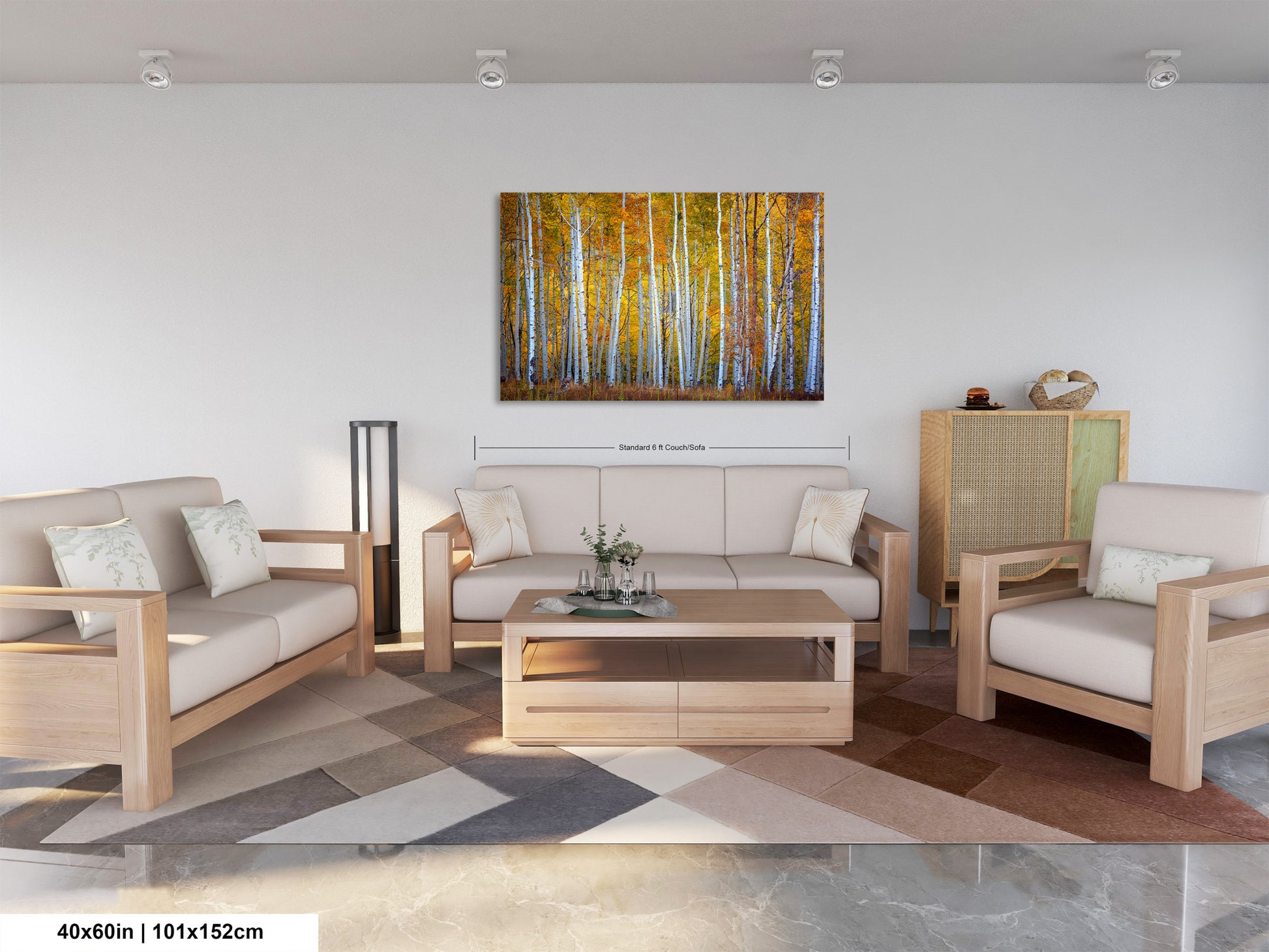 a living room filled with furniture and a painting on the wall