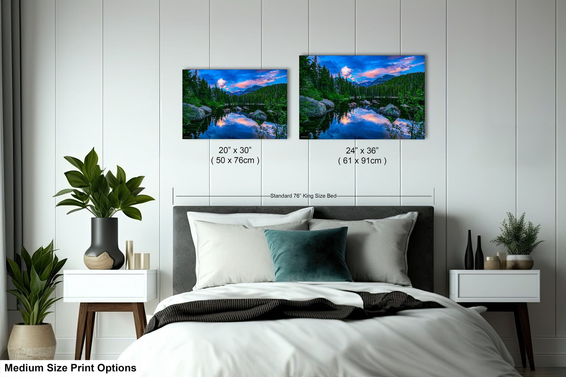 a bed room with a neatly made bed and two pictures on the wall
