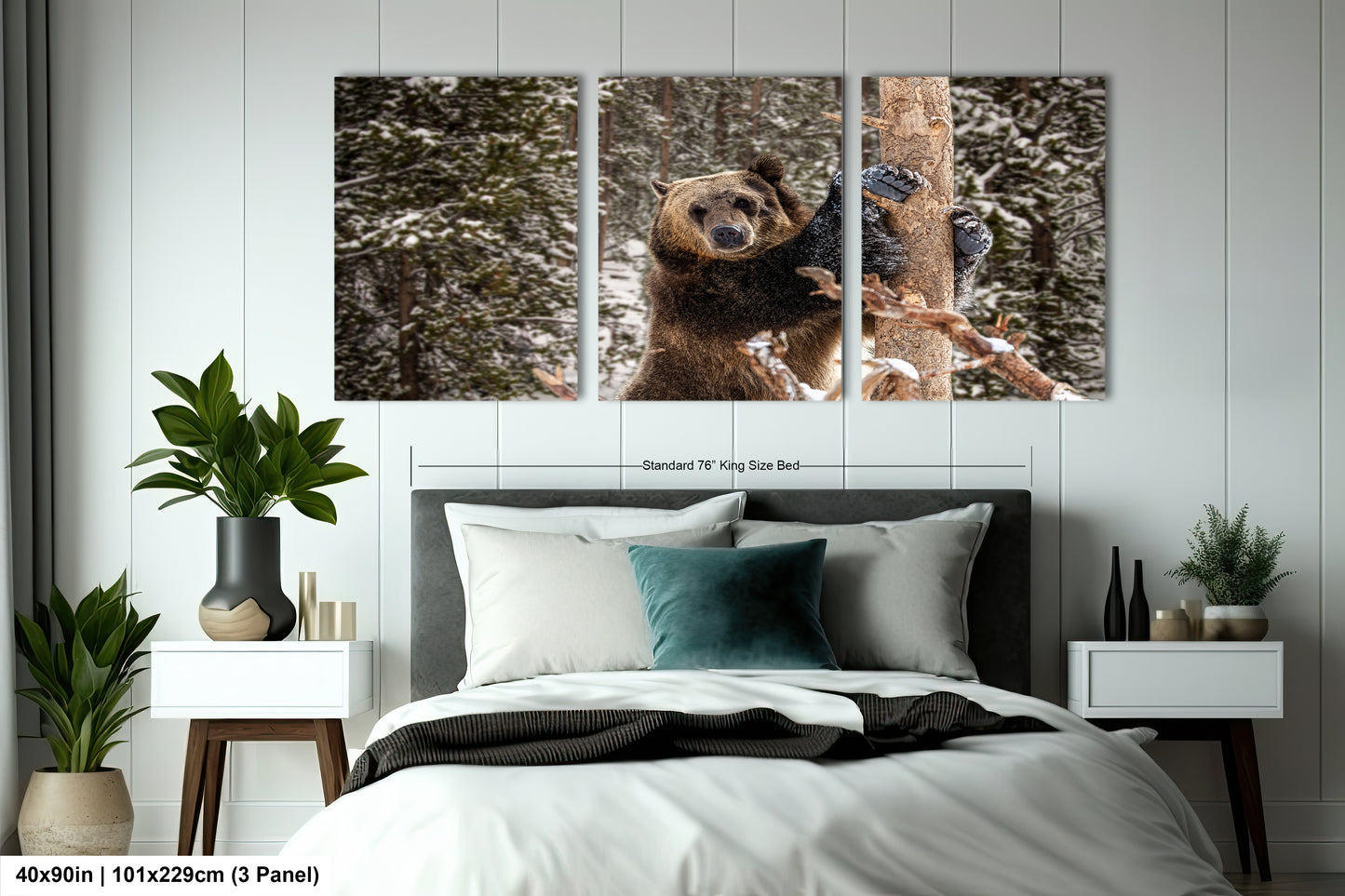 a bed room with a neatly made bed and two pictures on the wall