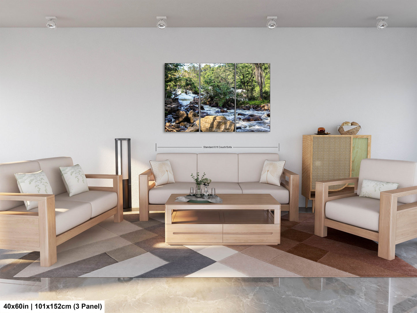 a living room filled with furniture and a painting on the wall