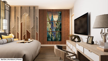 a bedroom with a bed, desk and television