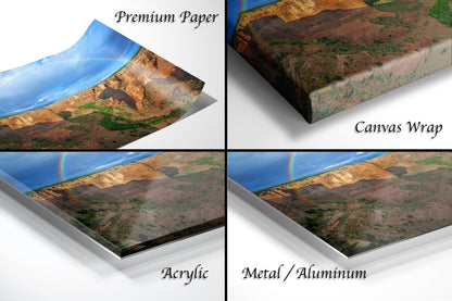 four different views of a canyon with a rainbow in the sky