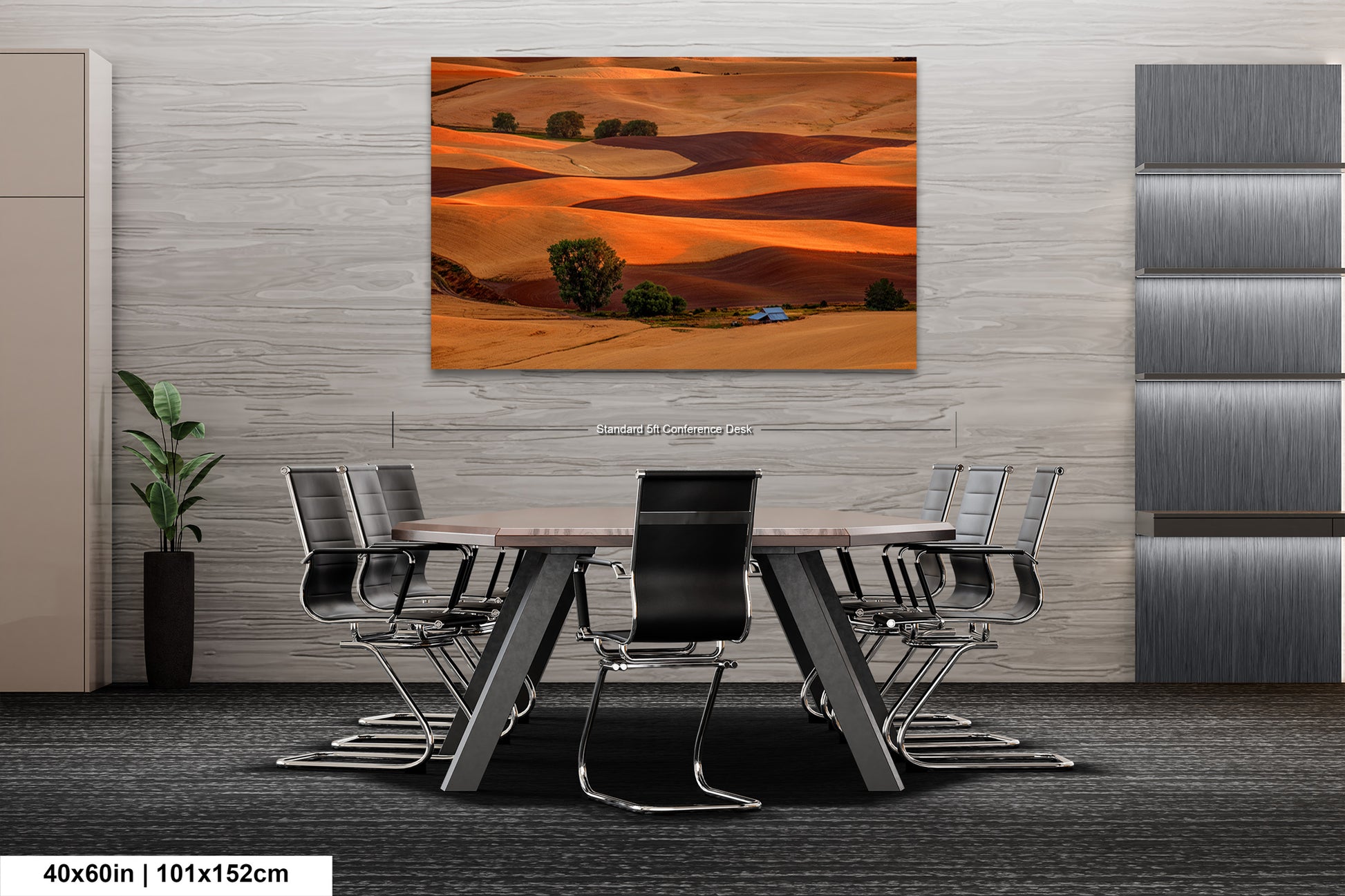 a dining room table with chairs and a painting on the wall