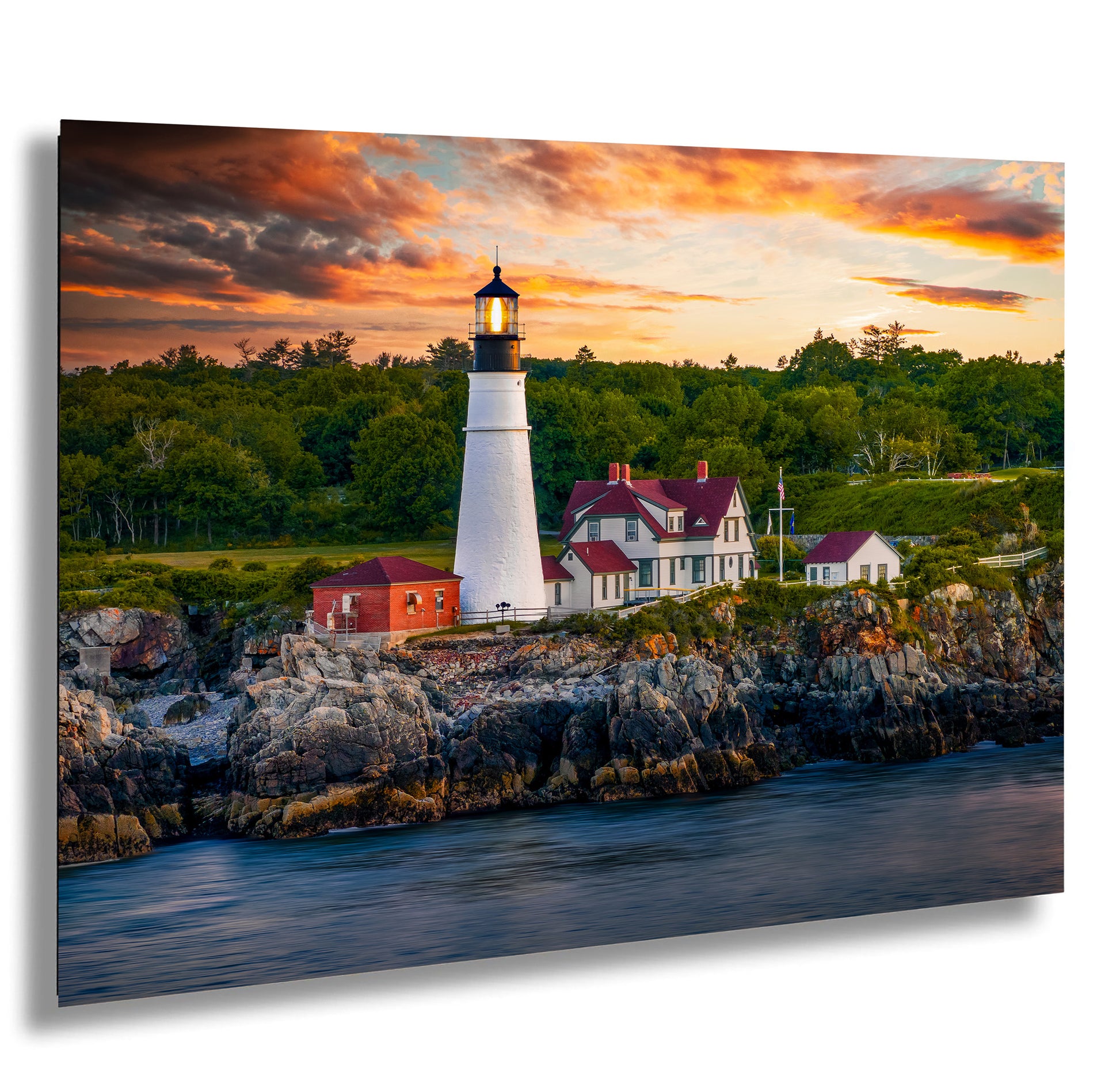 a painting of a lighthouse on a rocky shore