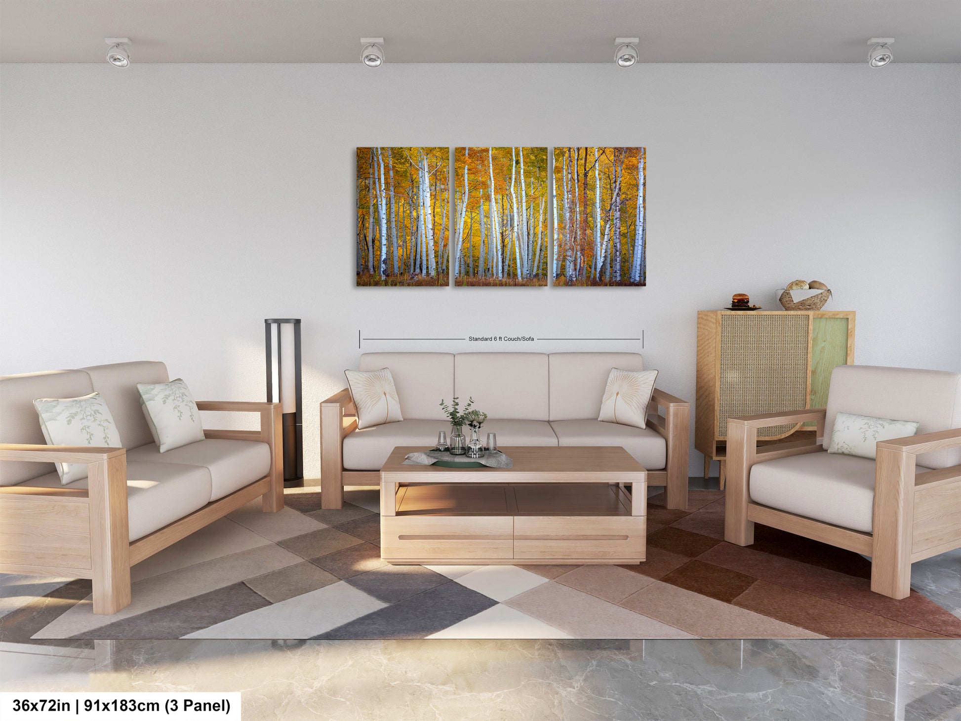 a living room filled with furniture and a painting on the wall
