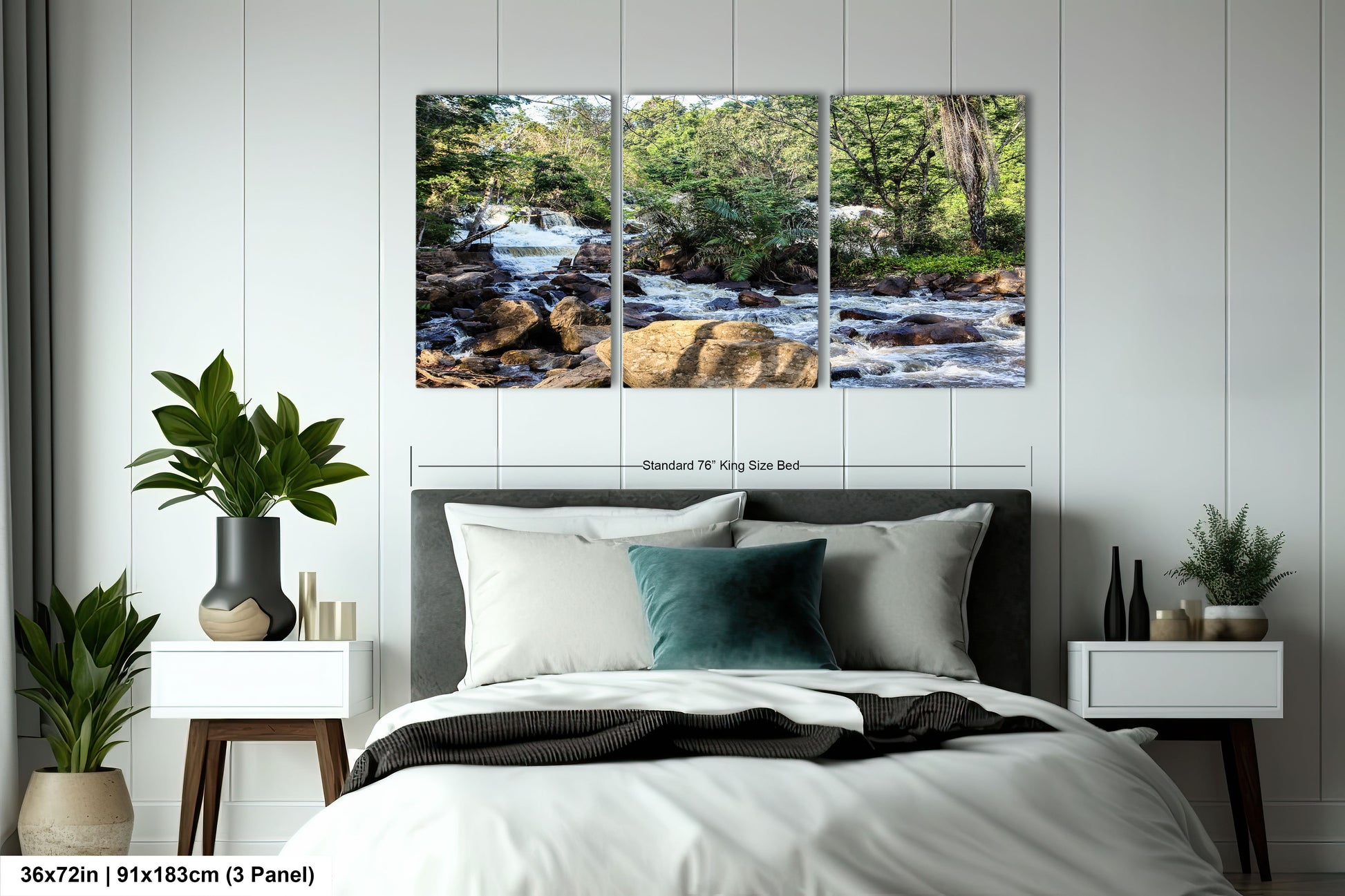 a bedroom scene with focus on the bed and a waterfall