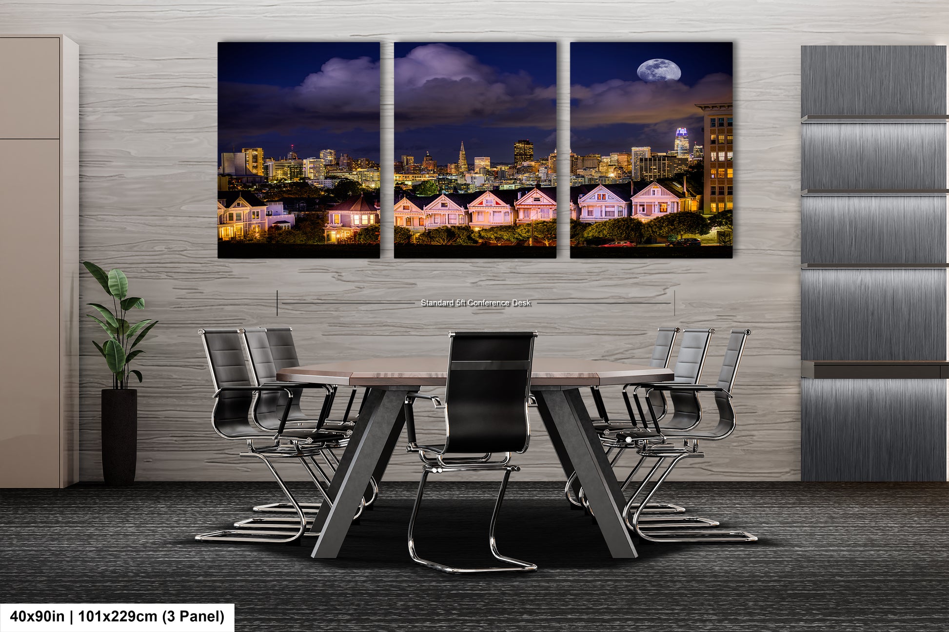 a dining room table with a view of a city at night