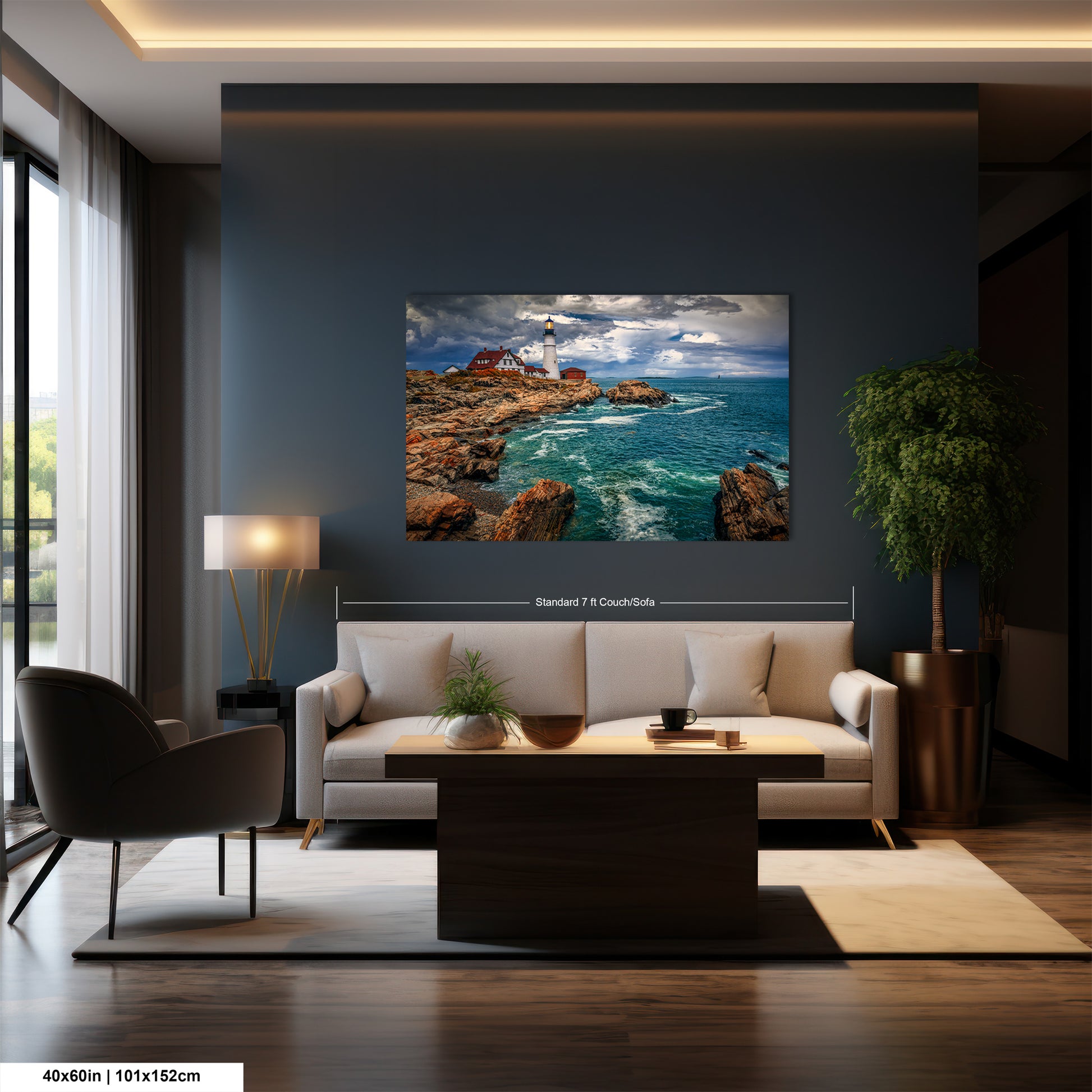 a living room with a large painting on the wall