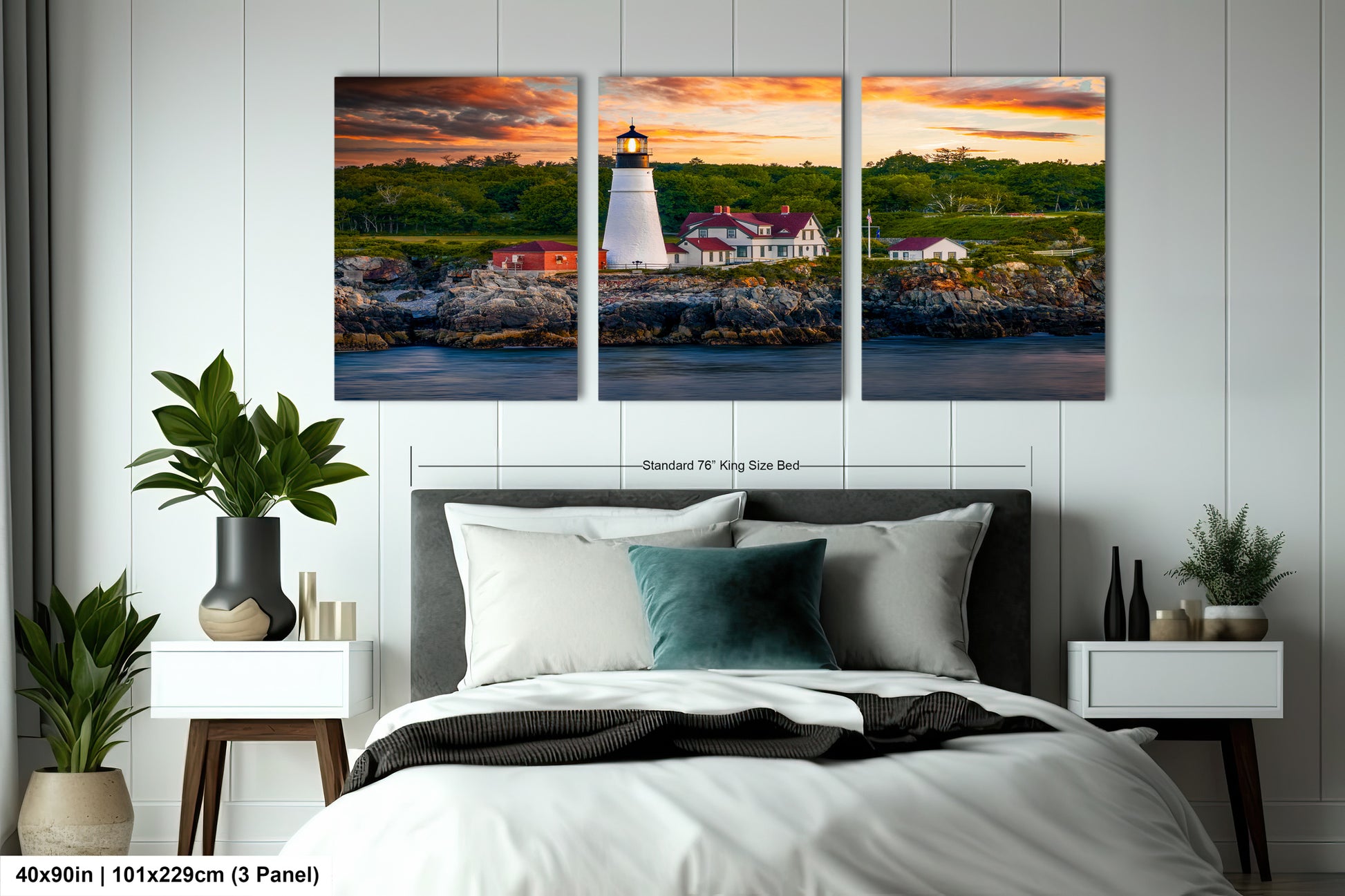 a bedroom with a bed and two paintings on the wall