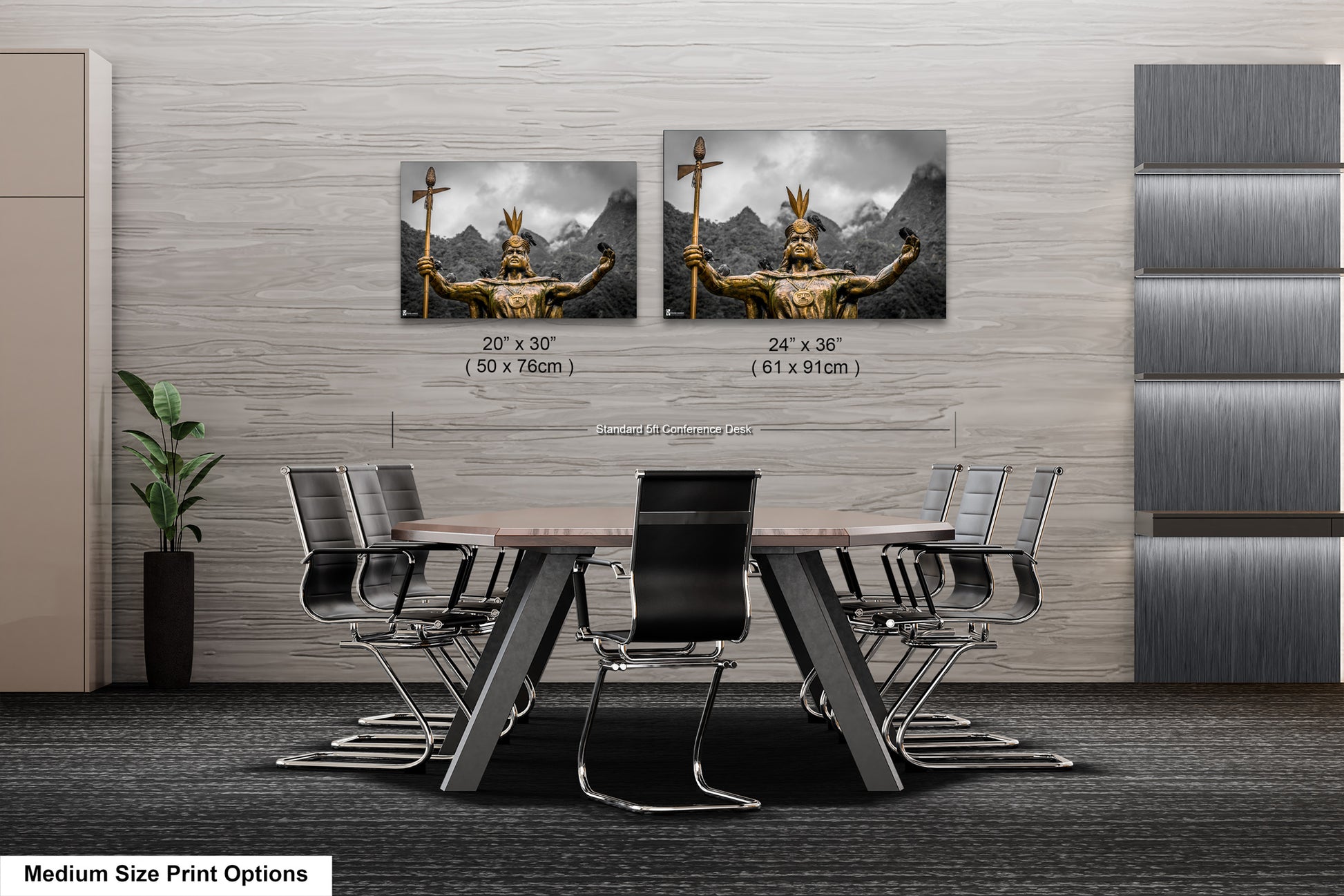a dining room table with chairs and pictures on the wall
