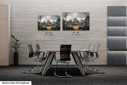a dining room table with chairs and pictures on the wall