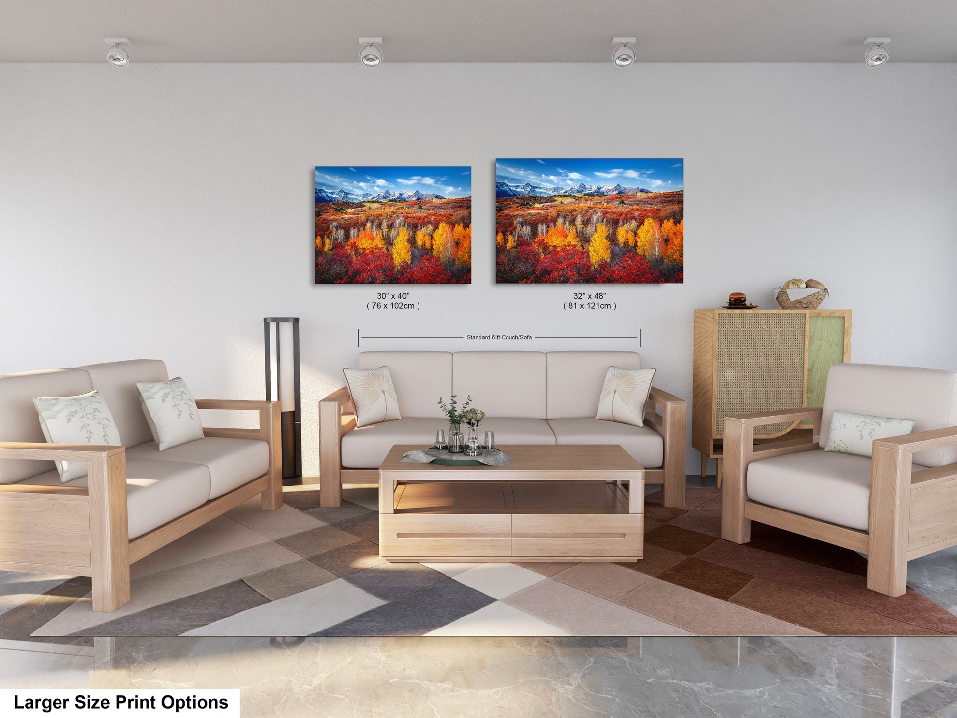 a living room with two paintings on the wall