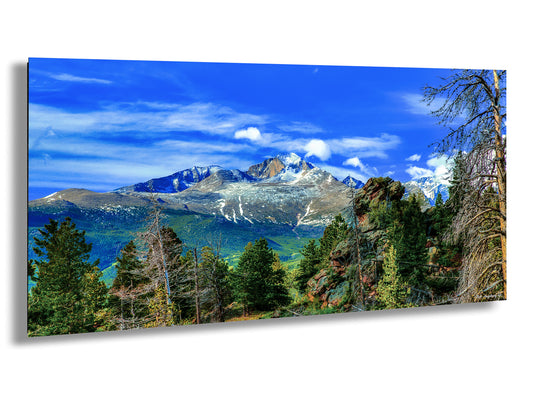 a scenic view of a mountain range with pine trees