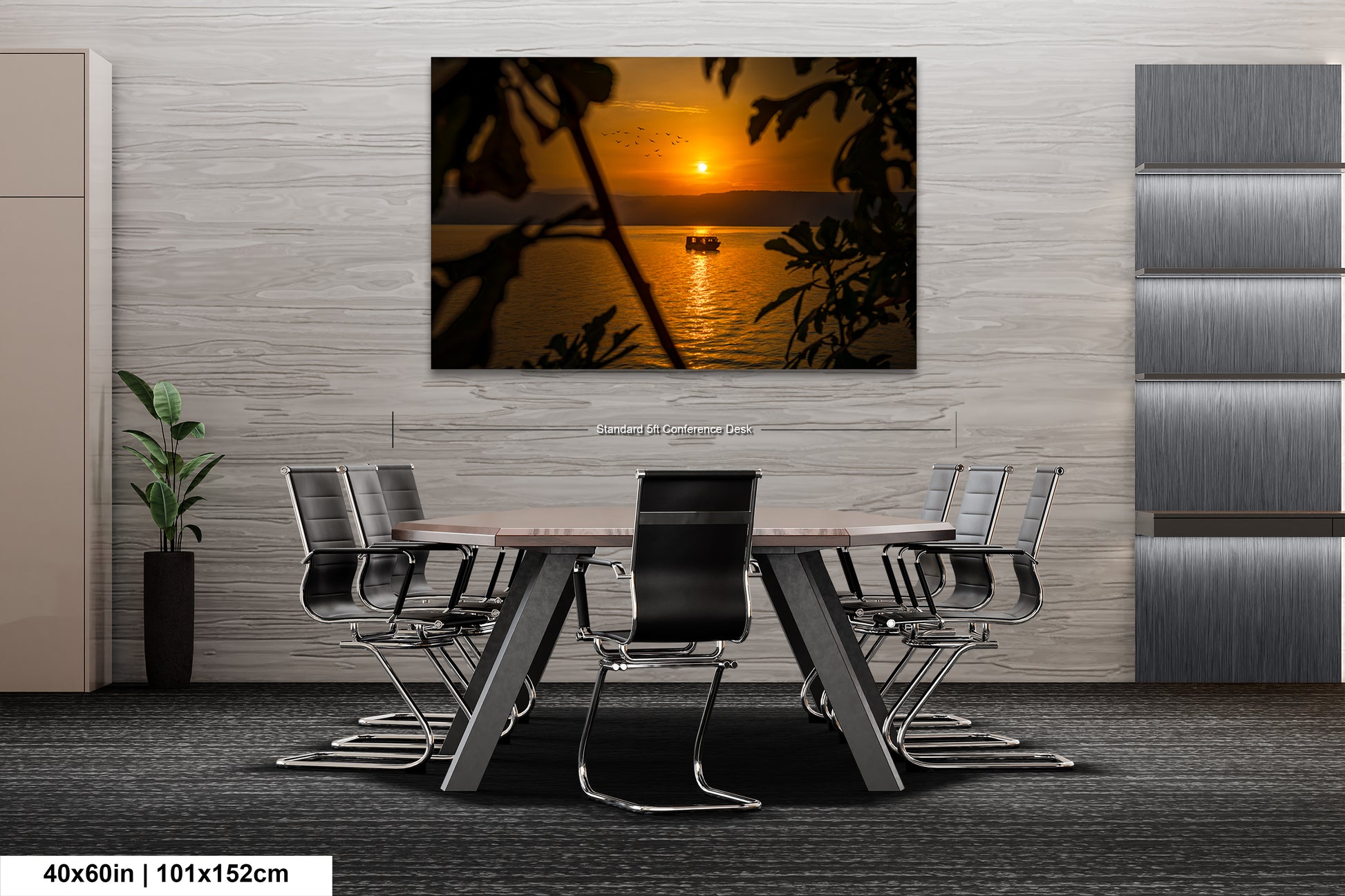 a dining room table with a view of a sunset