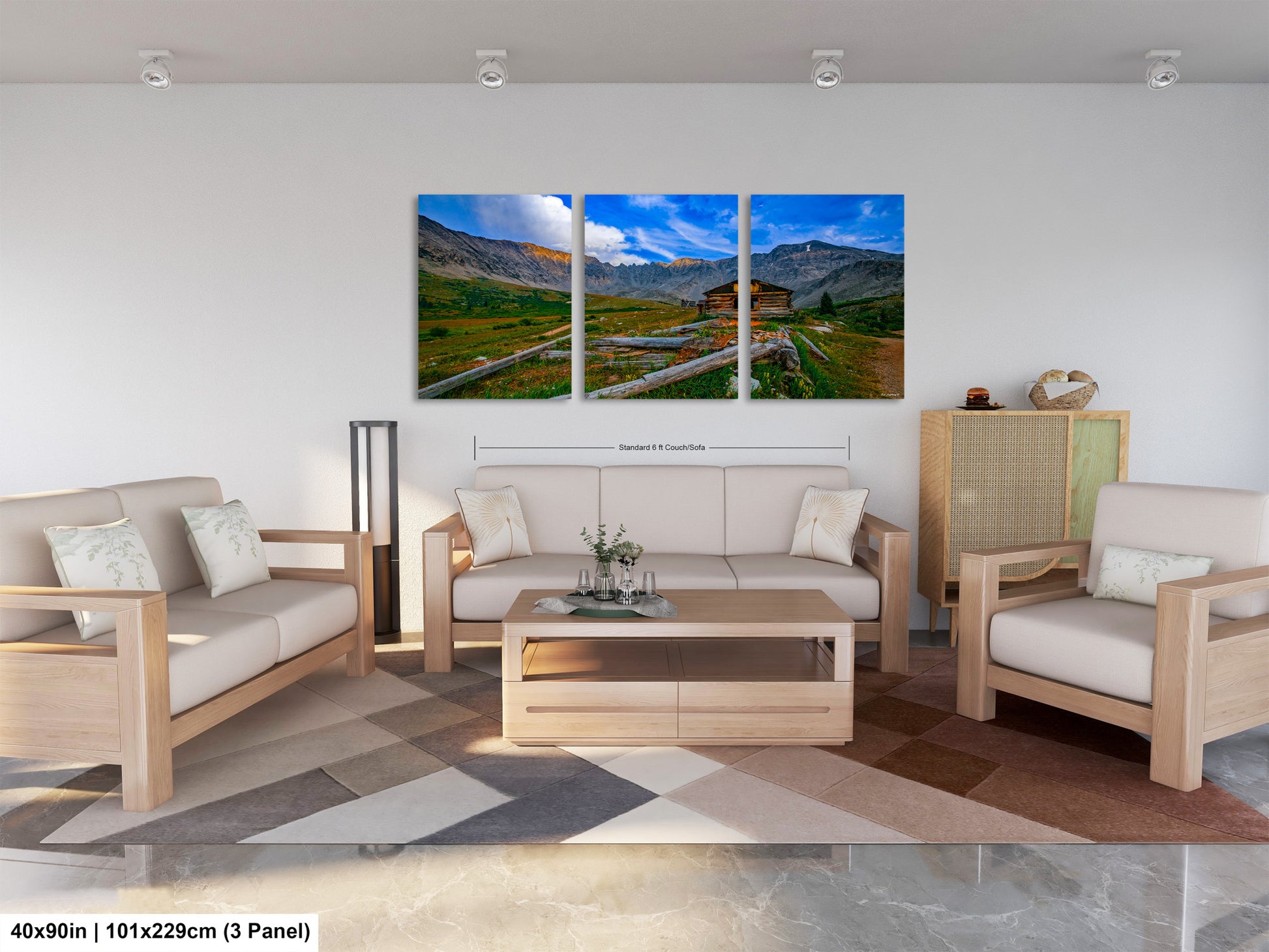 a living room filled with furniture and a painting on the wall