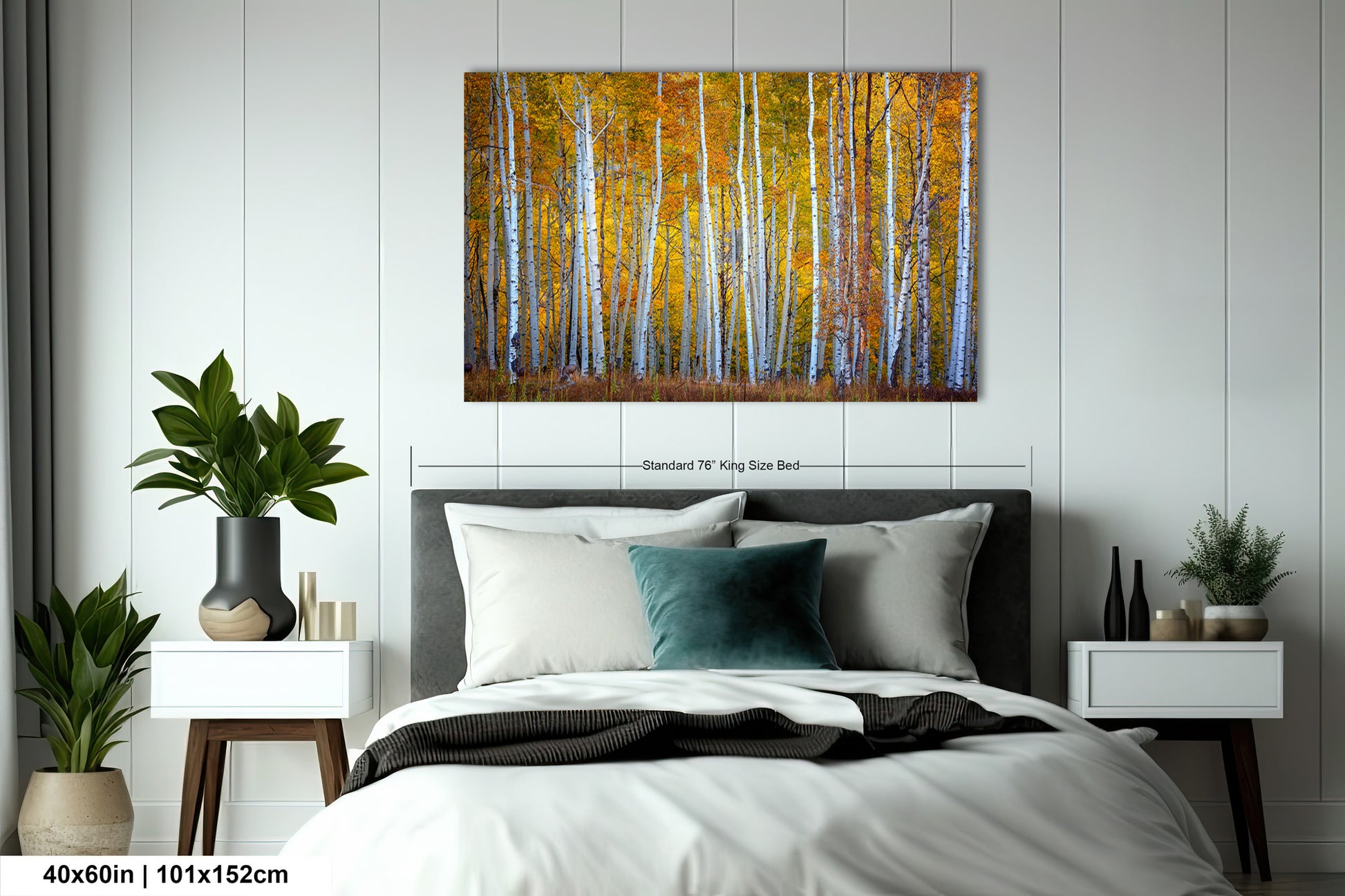 a bedroom with a bed and a painting on the wall