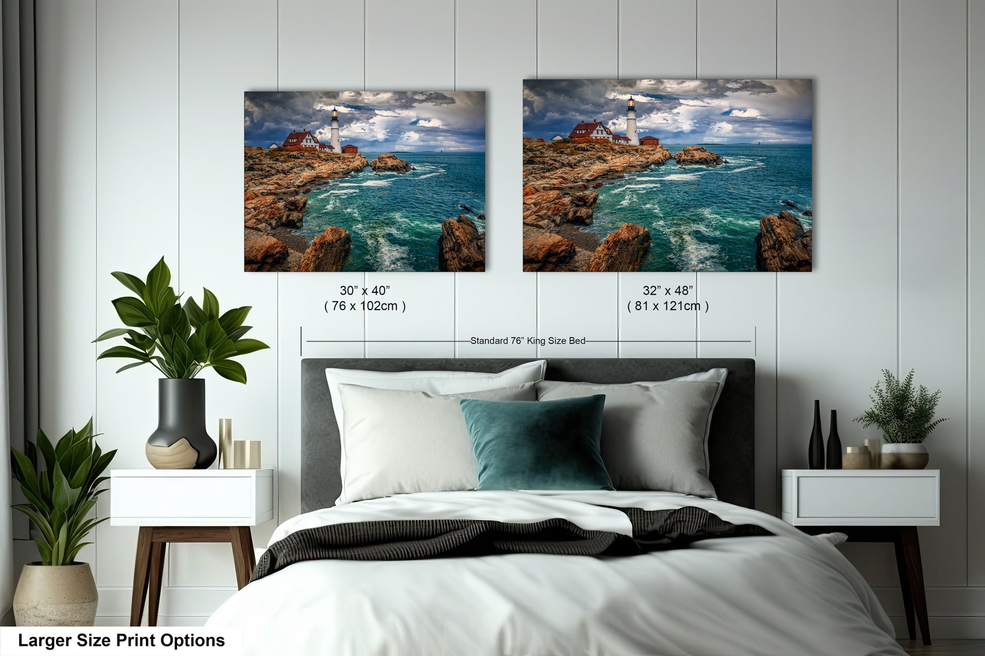 a bedroom with a bed and two pictures on the wall