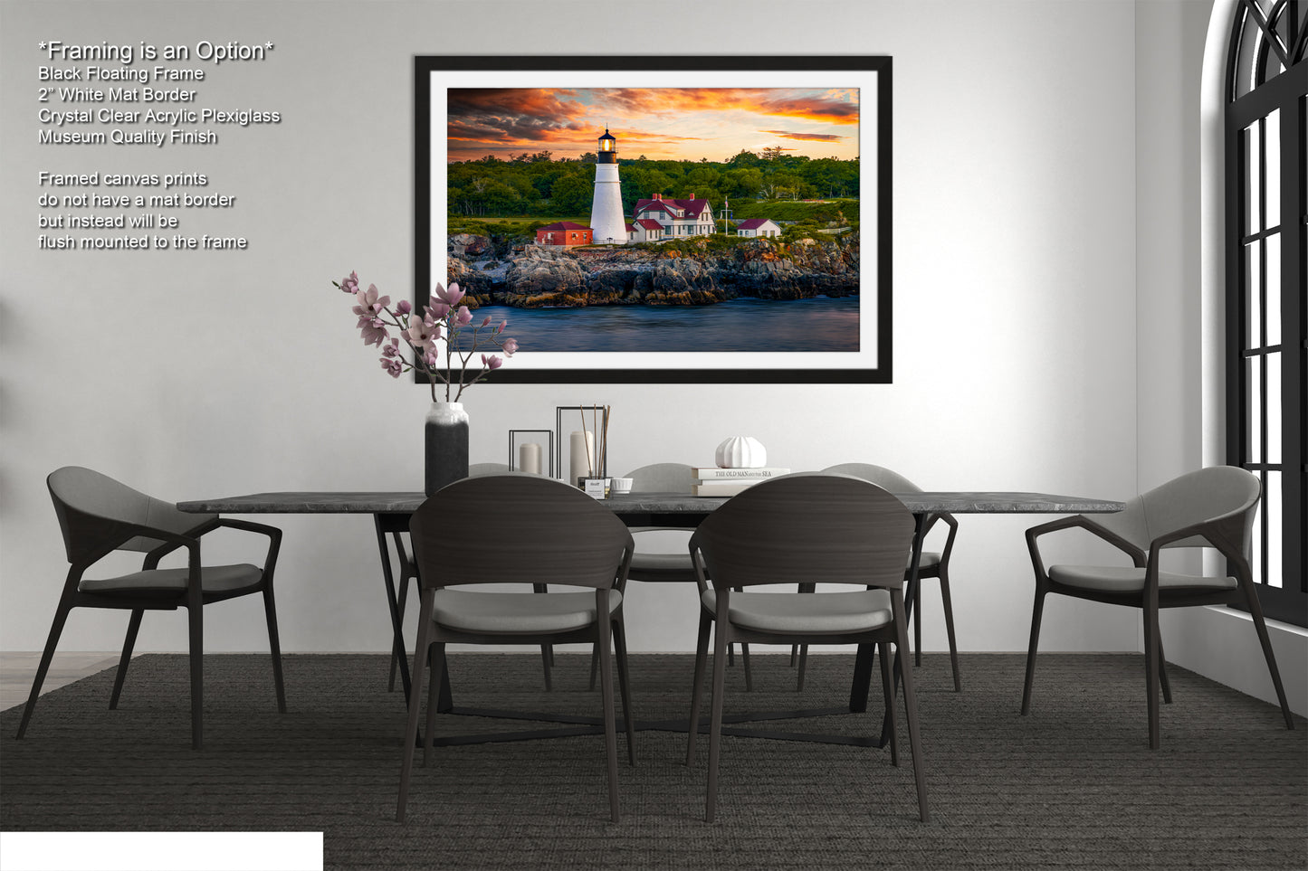 a painting of a lighthouse in a dining room
