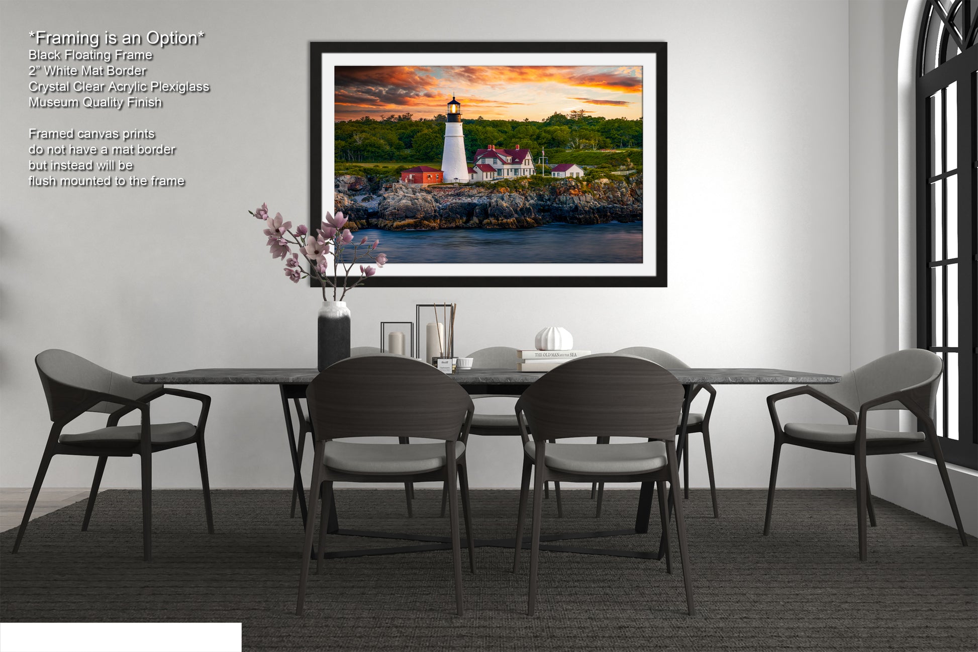 a painting of a lighthouse in a dining room