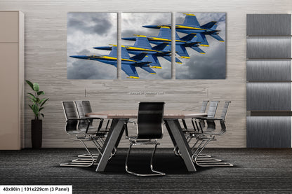 a dining room table with four blue and yellow fighter jets on it