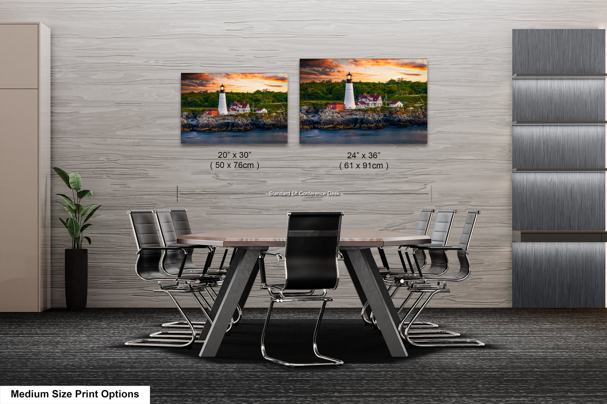 a dining room table with chairs and two pictures on the wall