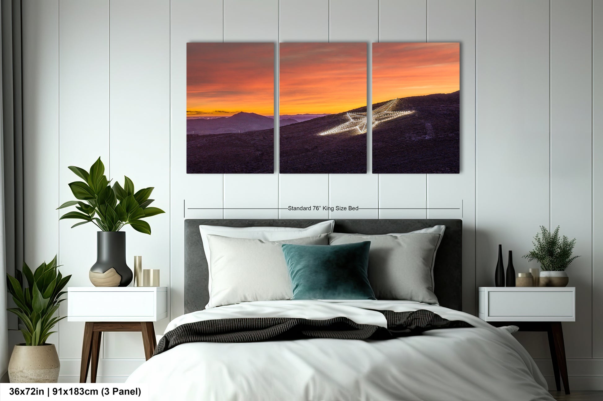a bed room with a neatly made bed and a painting on the wall