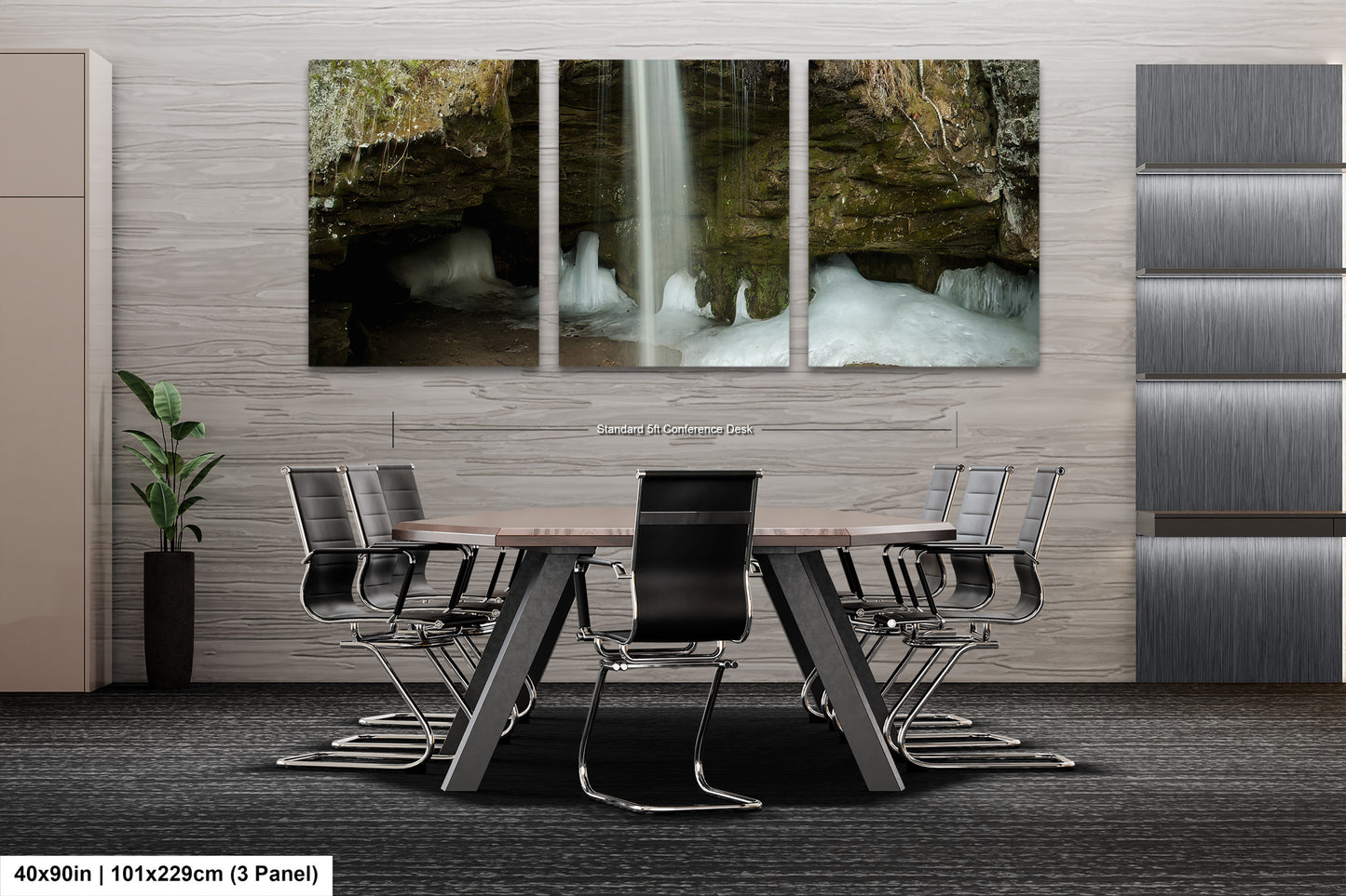 a dining room table with chairs and a waterfall in the background
